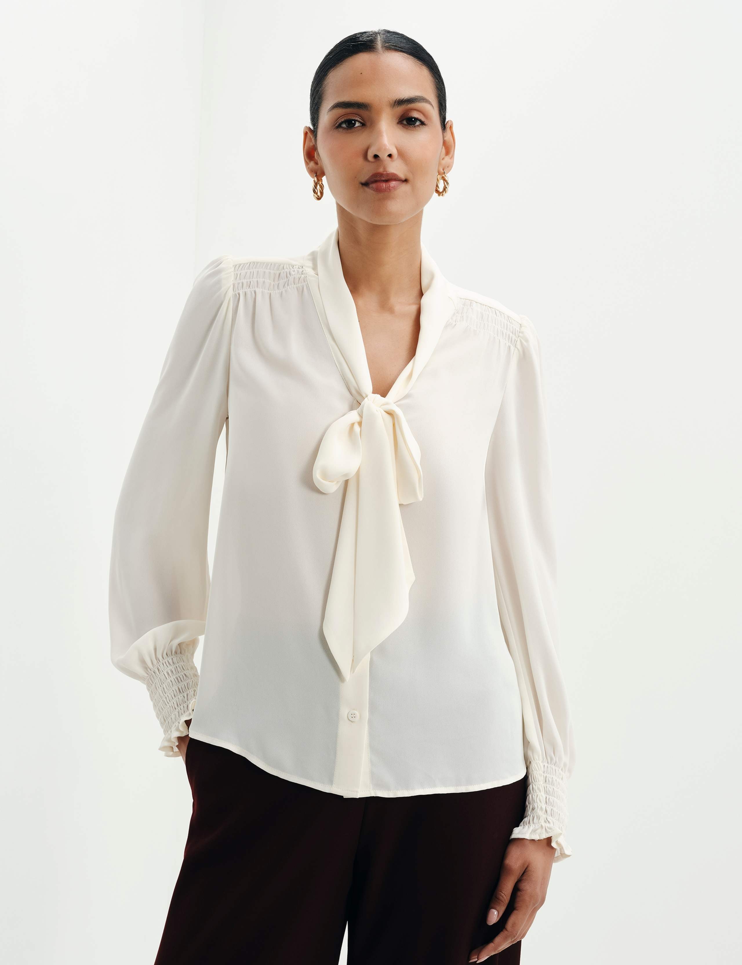 Tie Neck Button Through Blouson Sleeve Blouse