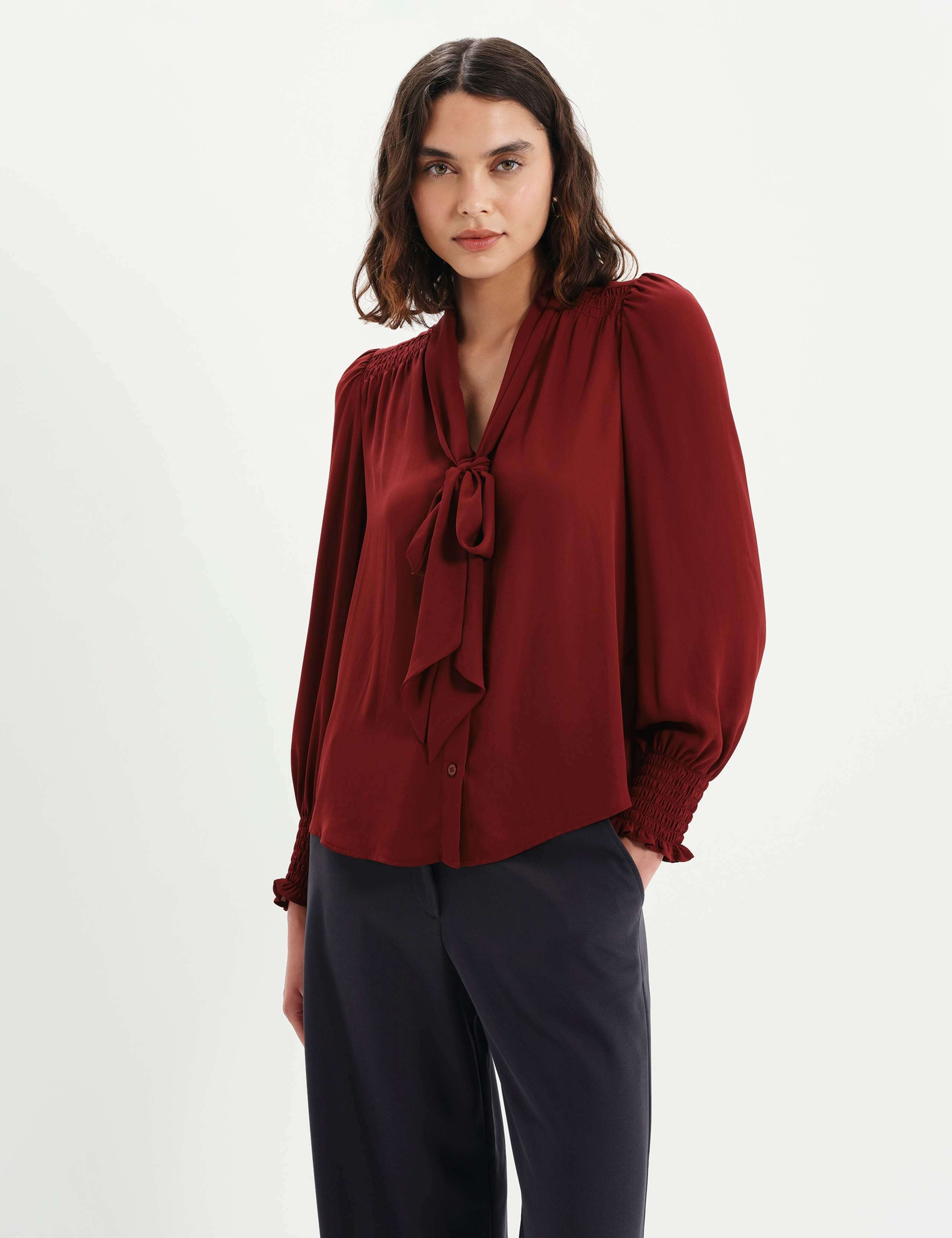 Tie Neck Button Through Blouson Sleeve Blouse
