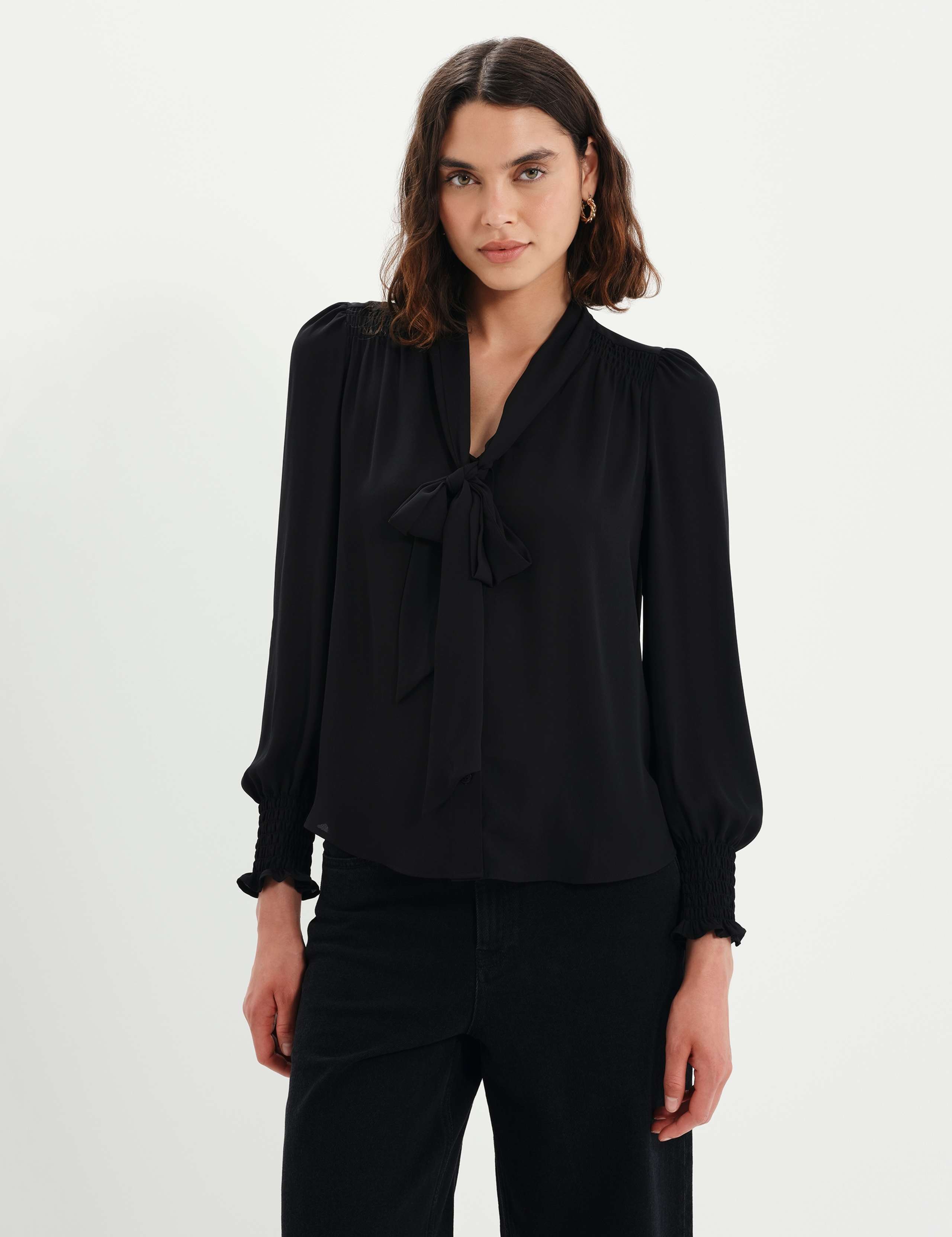 Tie Neck Button Through Blouson Sleeve Blouse