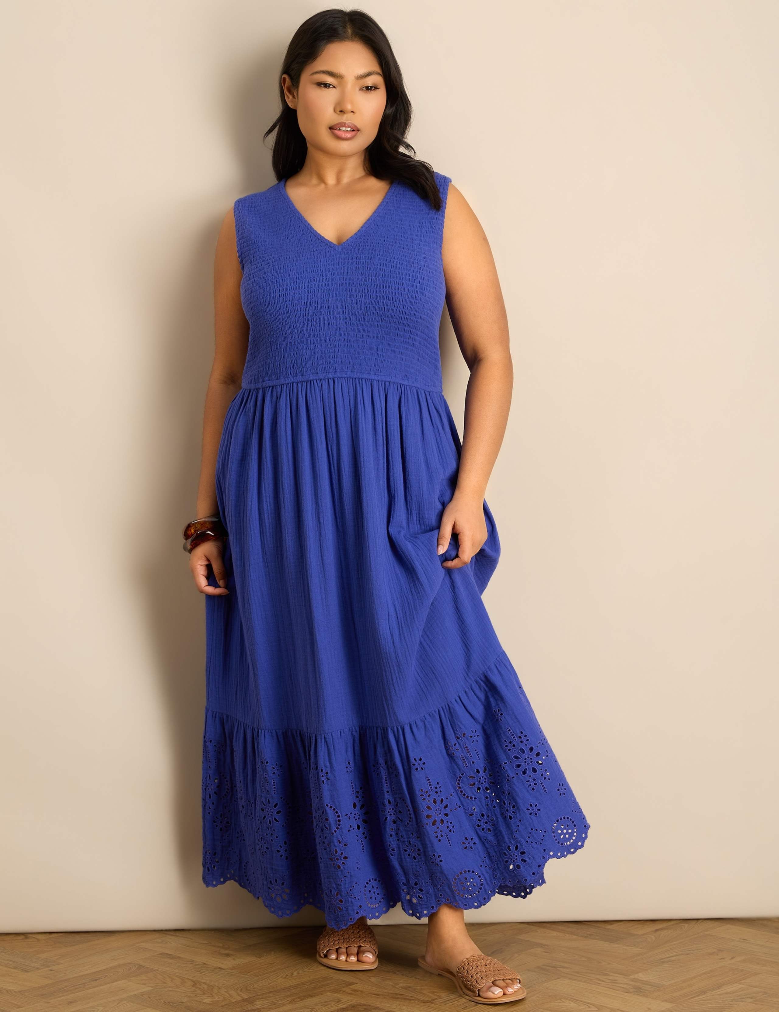 Pure Cotton Broderie Midaxi Waisted Dress