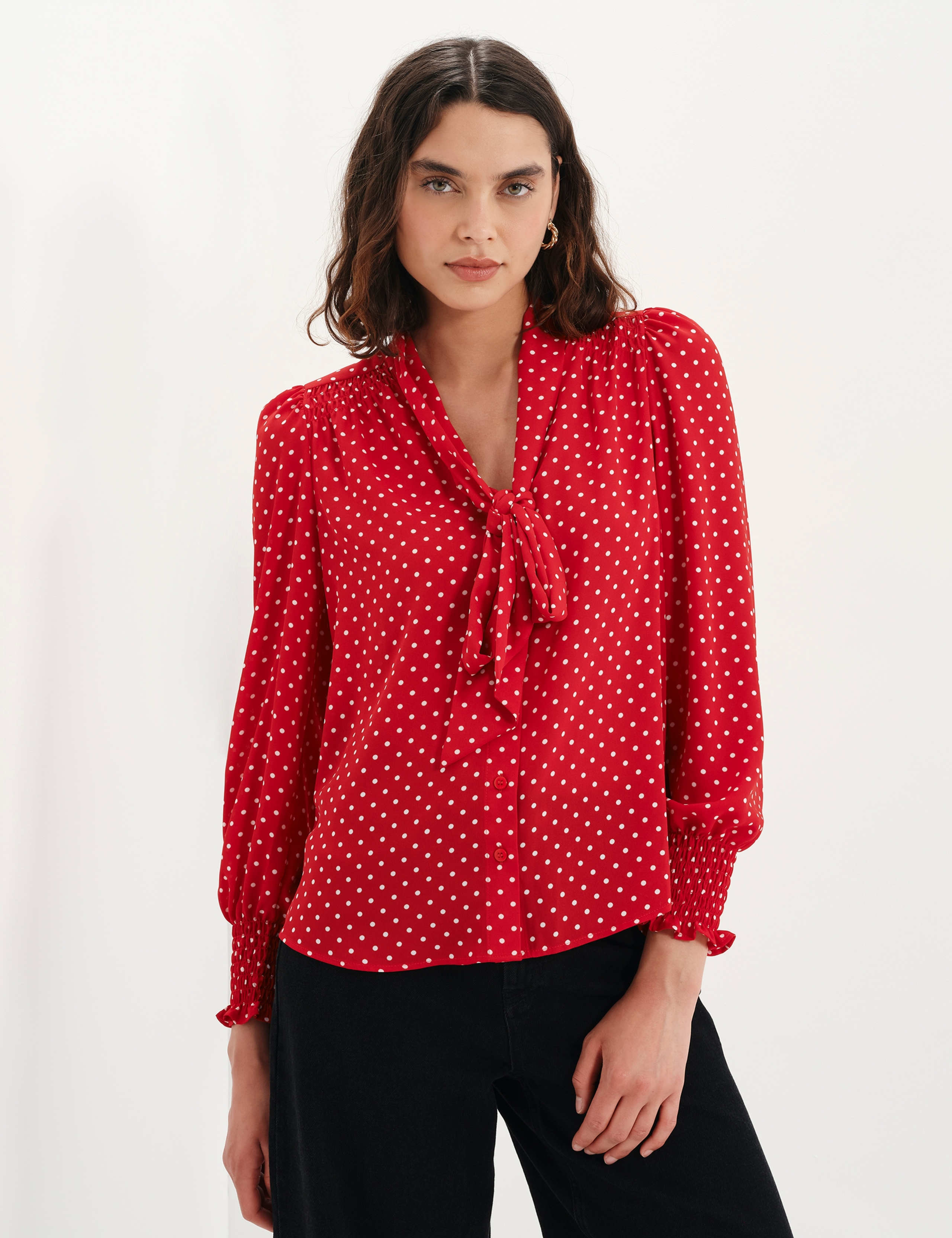 Polka Dot Tie Neck Button Through Blouse