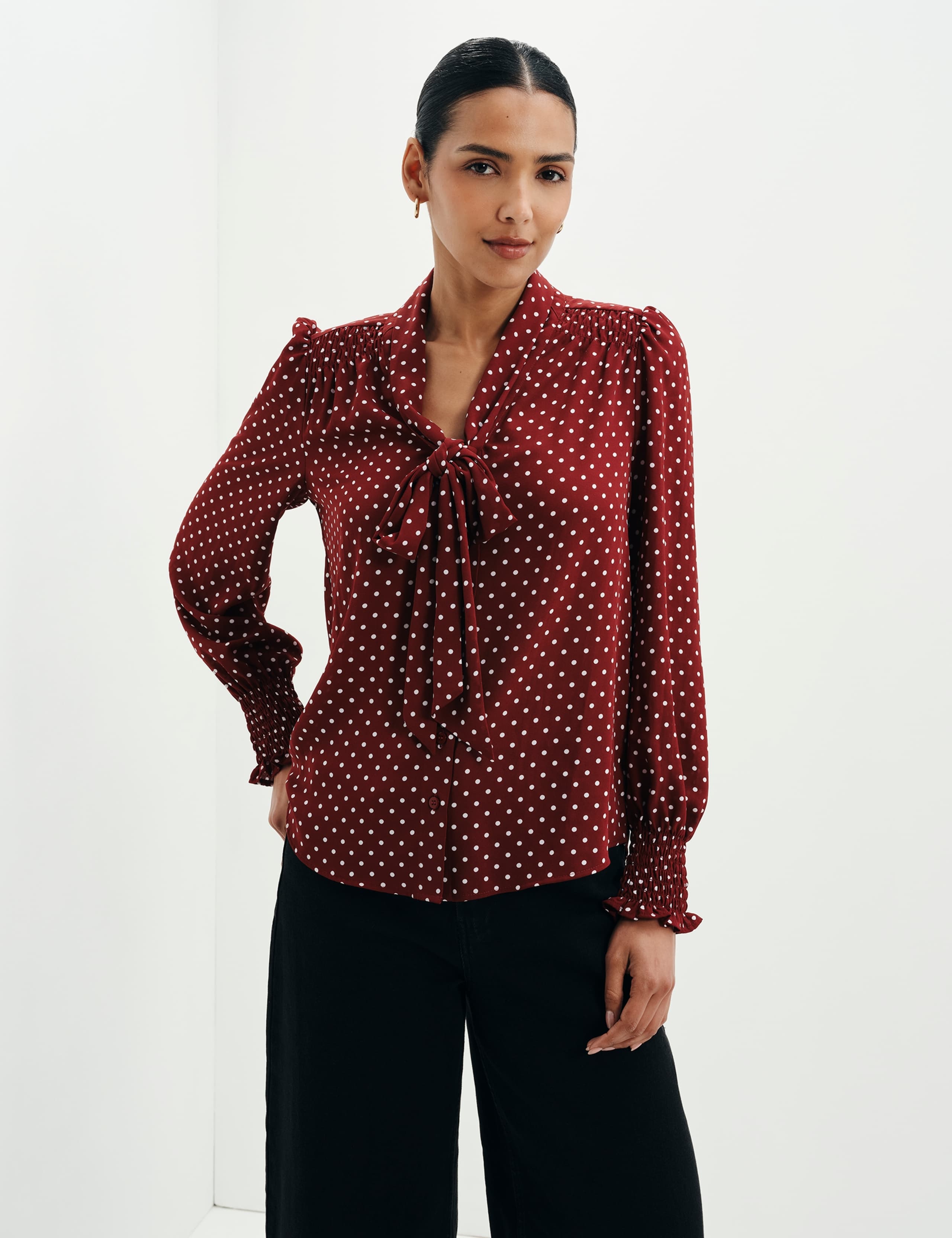 Polka Dot Tie Neck Button Through Blouse