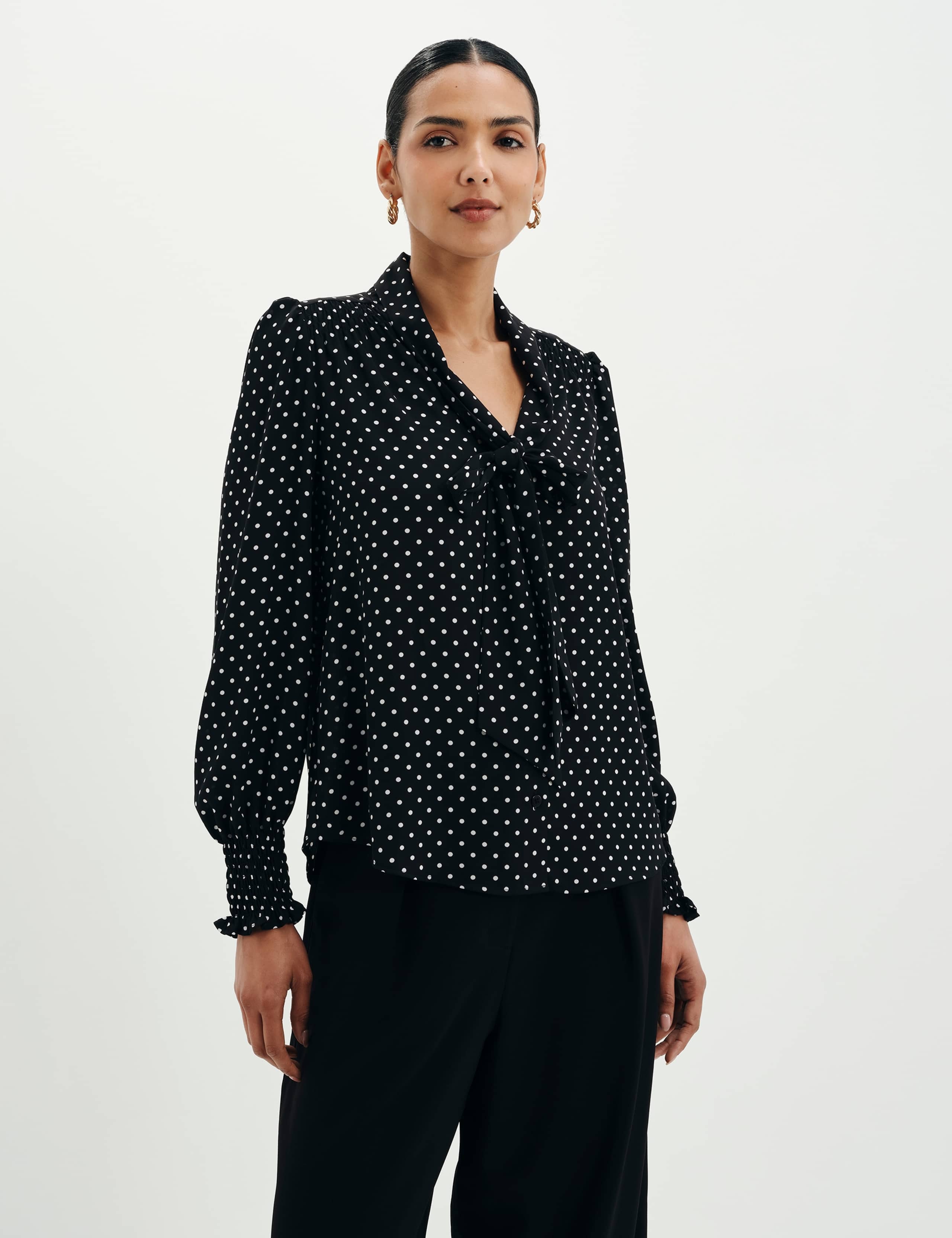 Polka Dot Tie Neck Button Through Blouse
