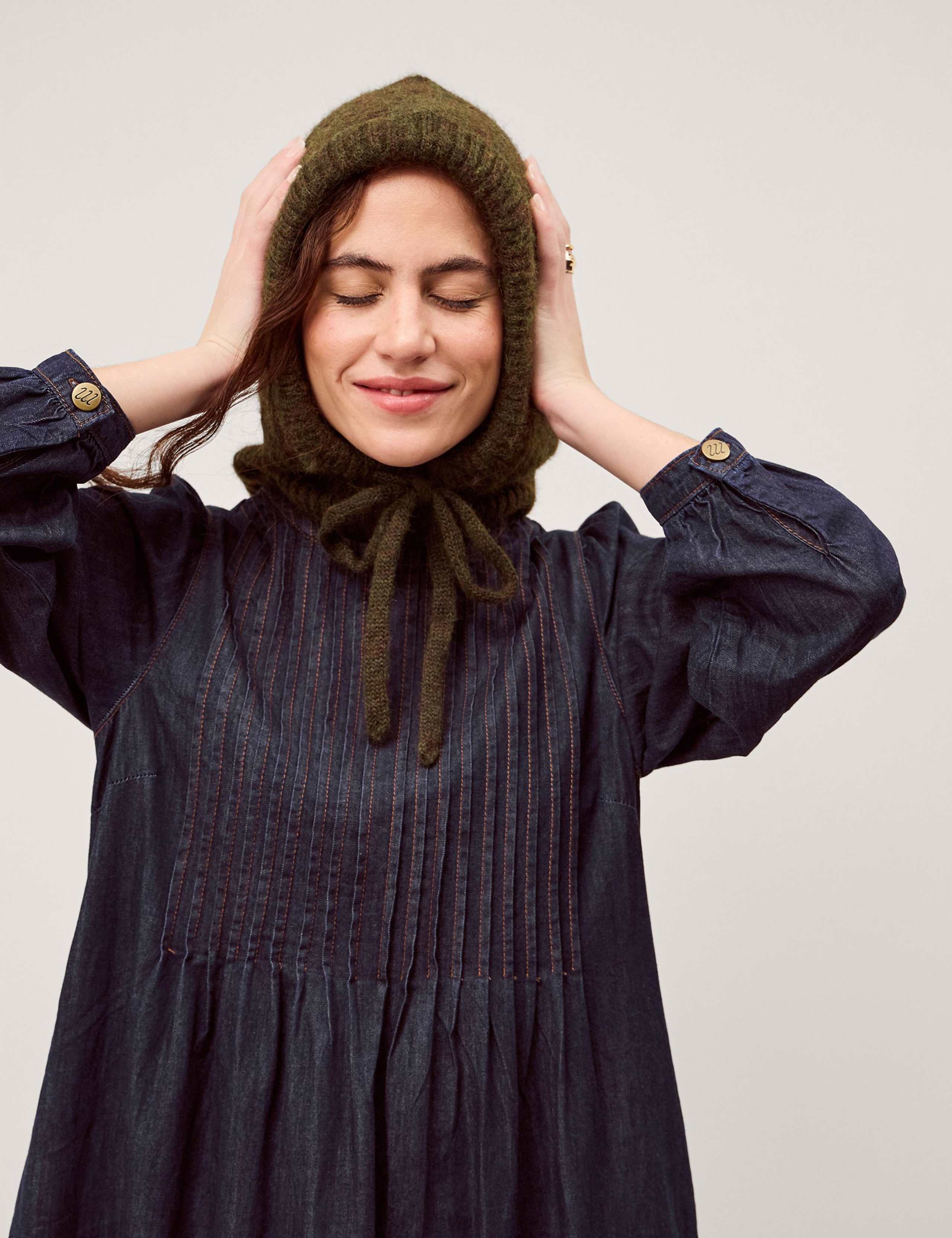 Pure Cotton Denim Pintuck Midi Smock Dress