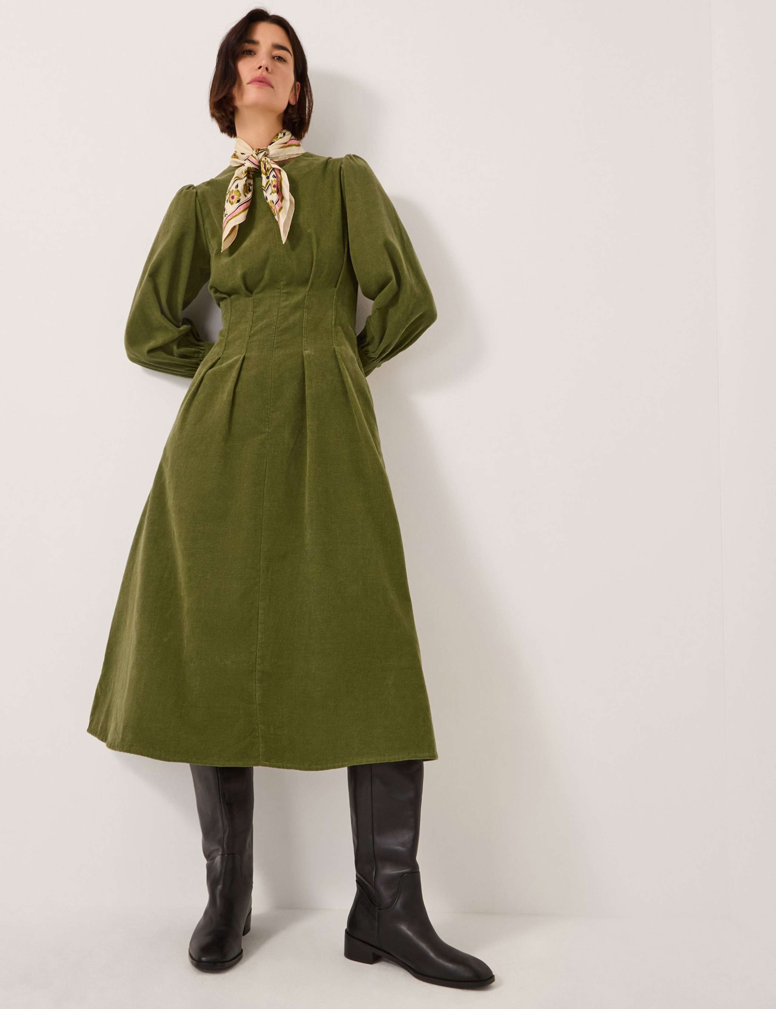 Corduroy Blouson Sleeve Midi Skater Dress