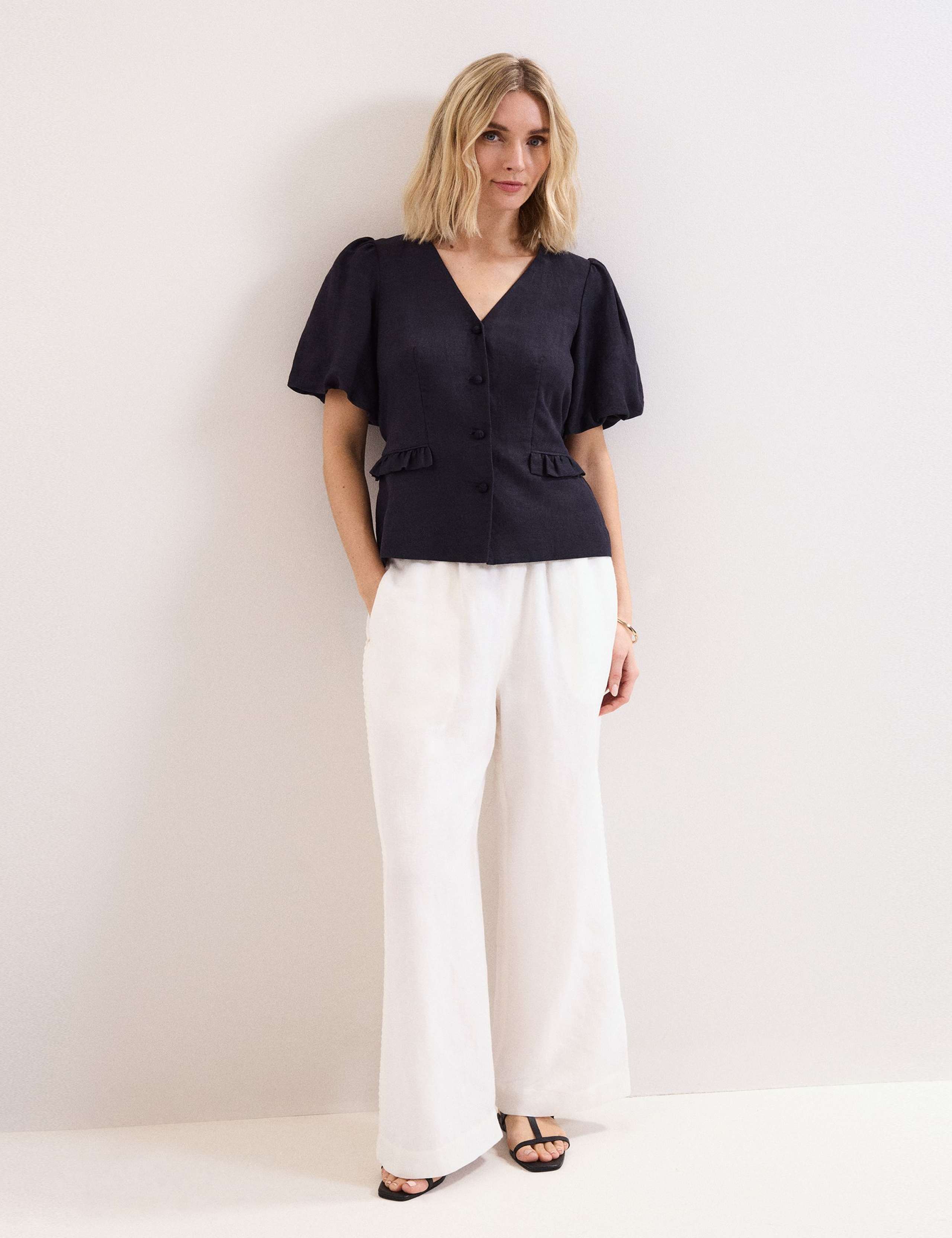 Linen-Rich V-Neck Puff Sleeve Blouse