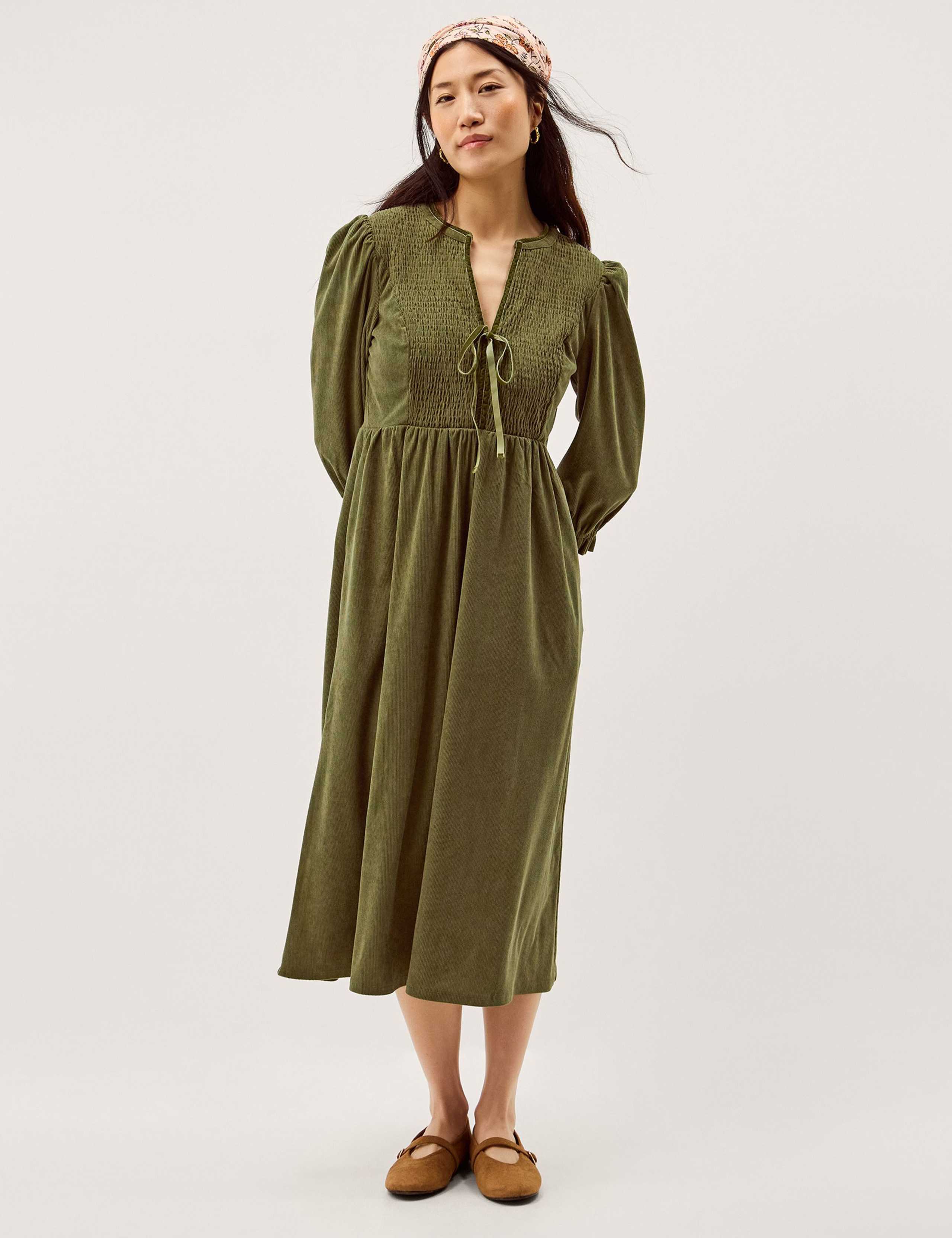 Cord Textured Notch Neck Midi Smock Dress