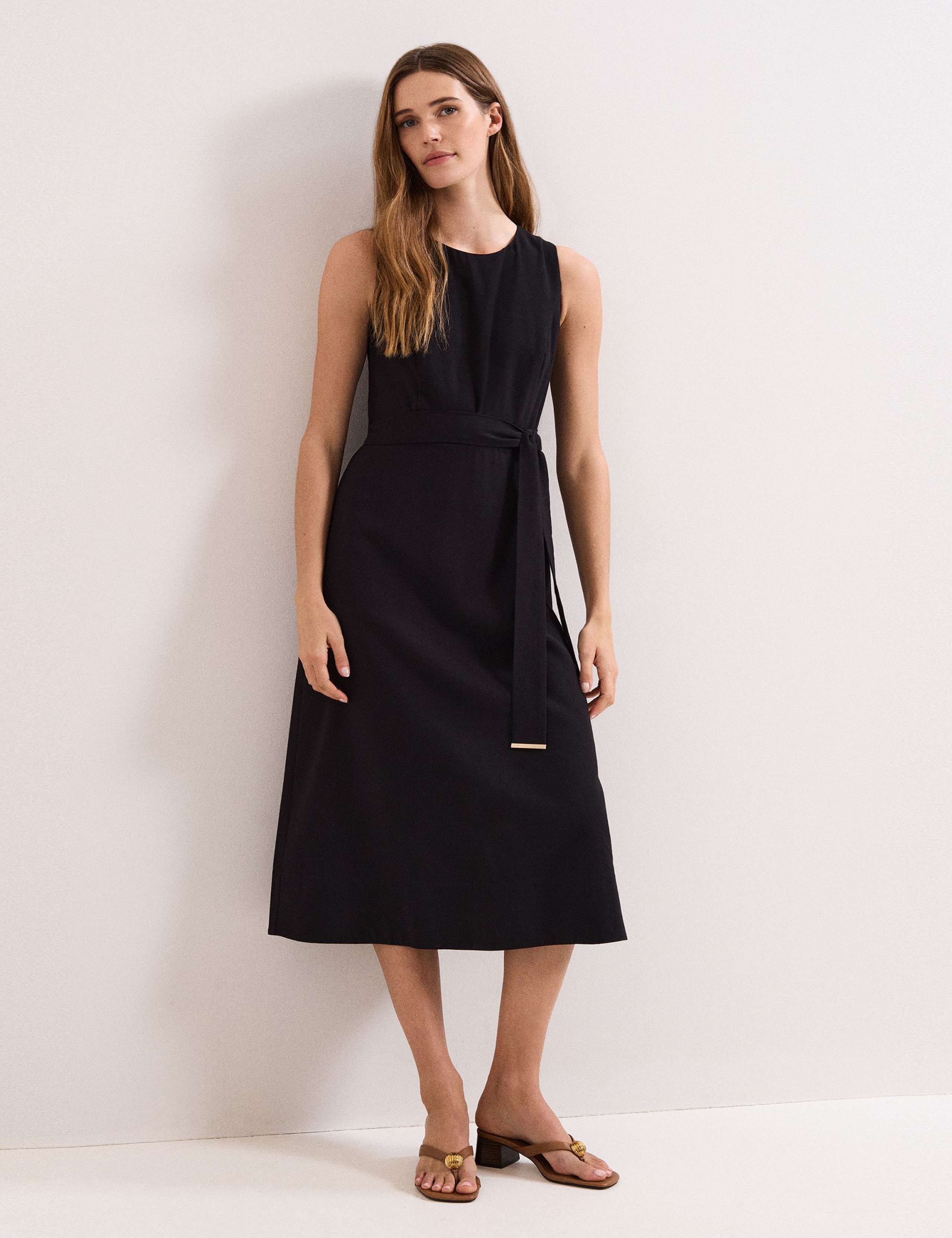 V-Neck Belted Midi Swing Dress