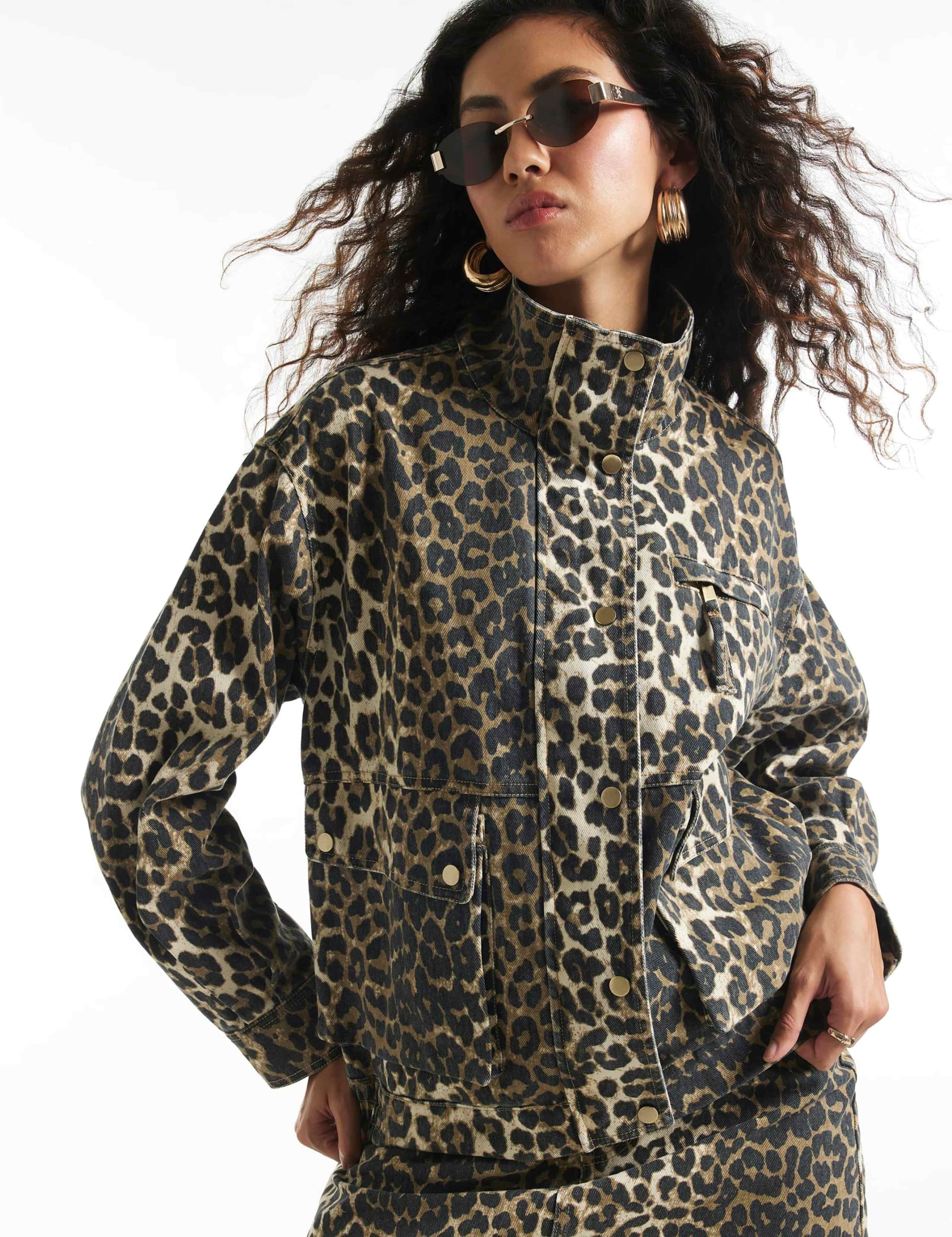 Denim Leopard Print Funnel Neck Jacket