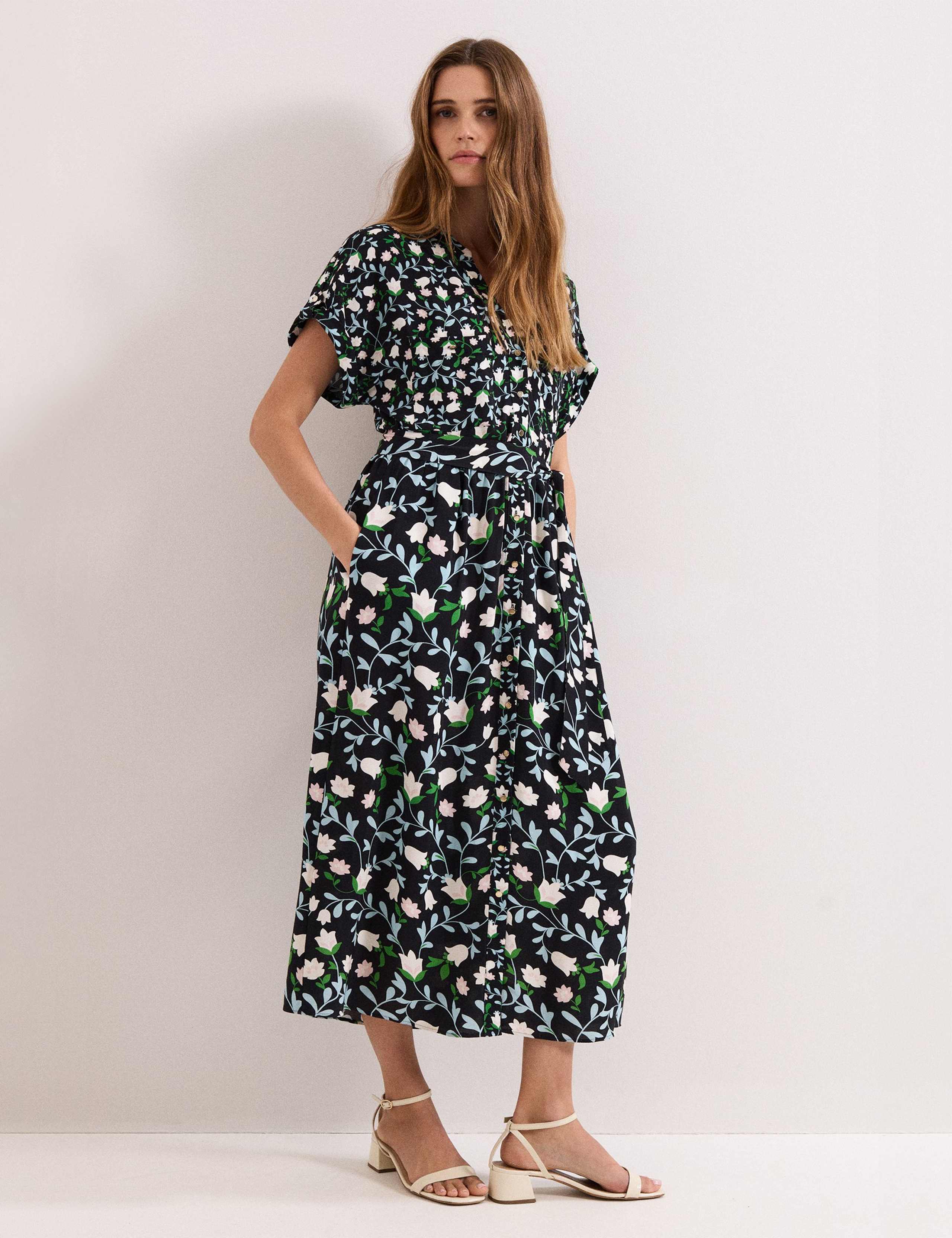 Linen Rich Floral V-Neck Midi Shirt Dress