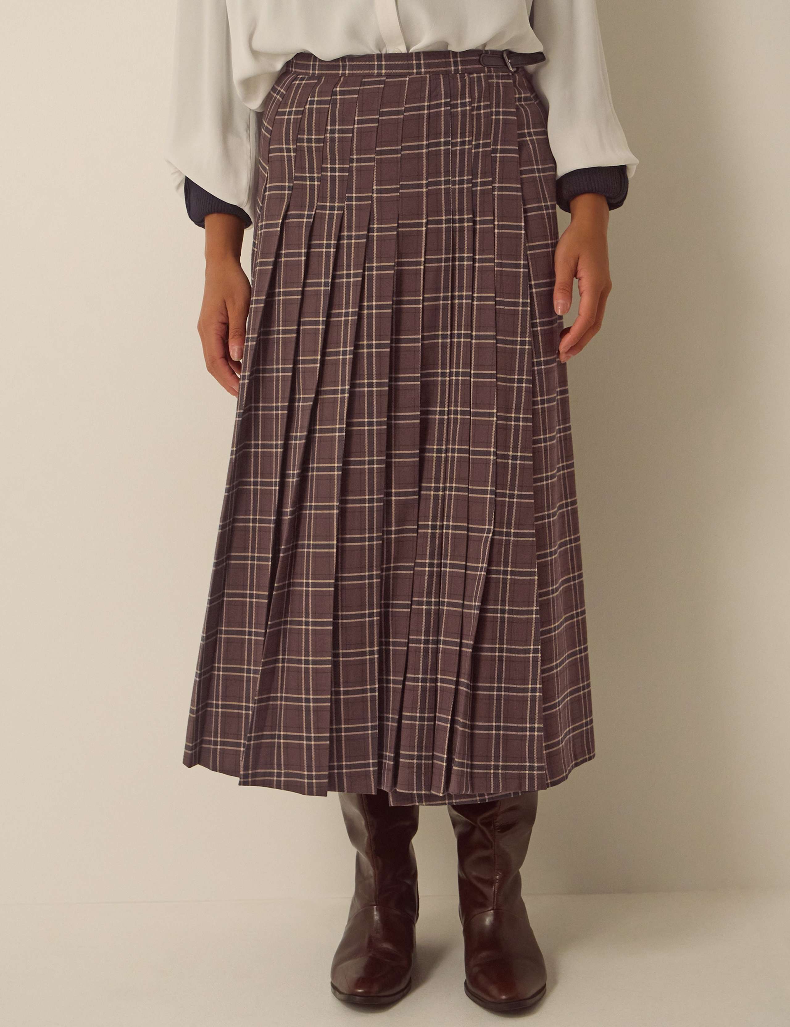 Checked Pleated Midi Skirt