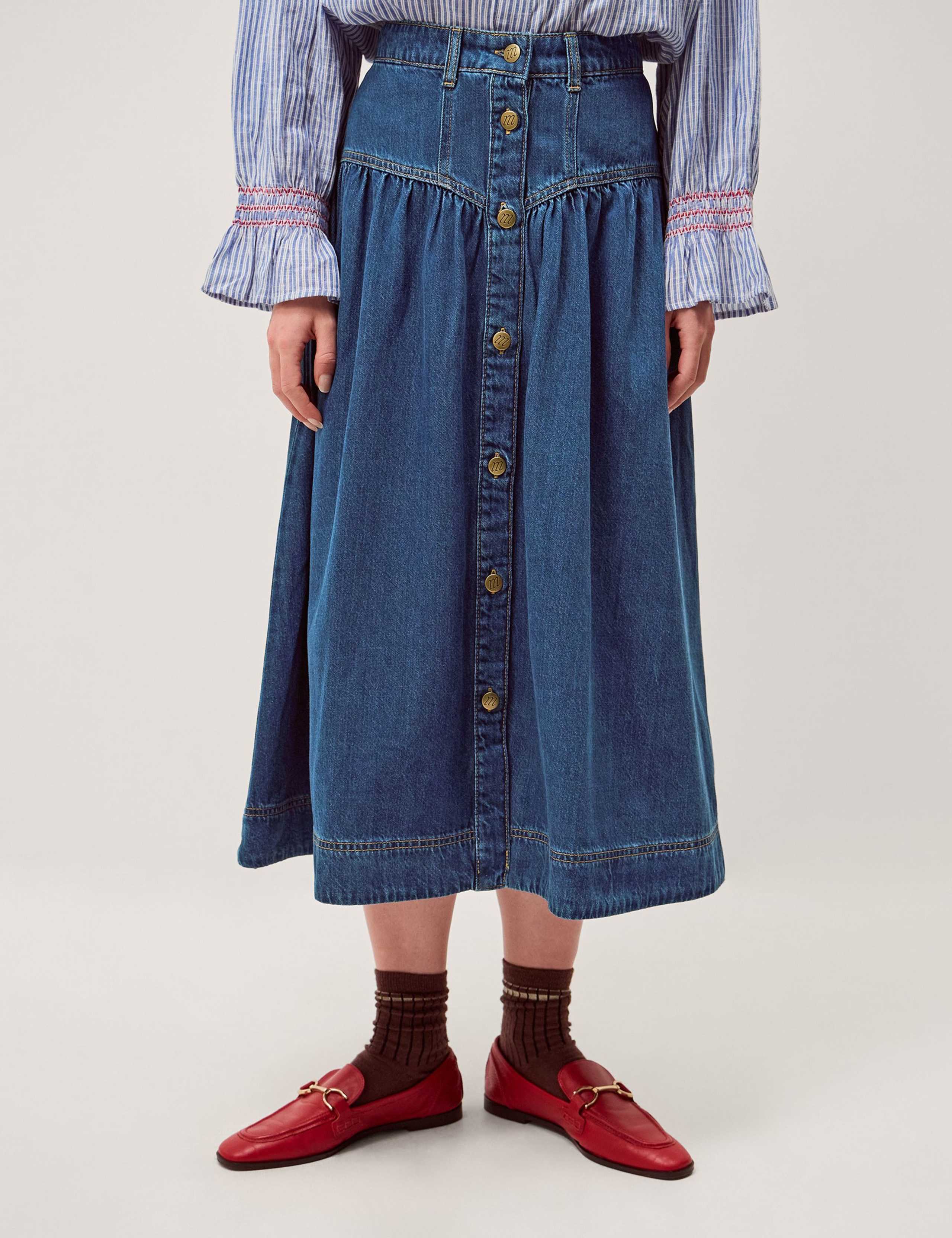 Denim Button Front Midi Skirt
