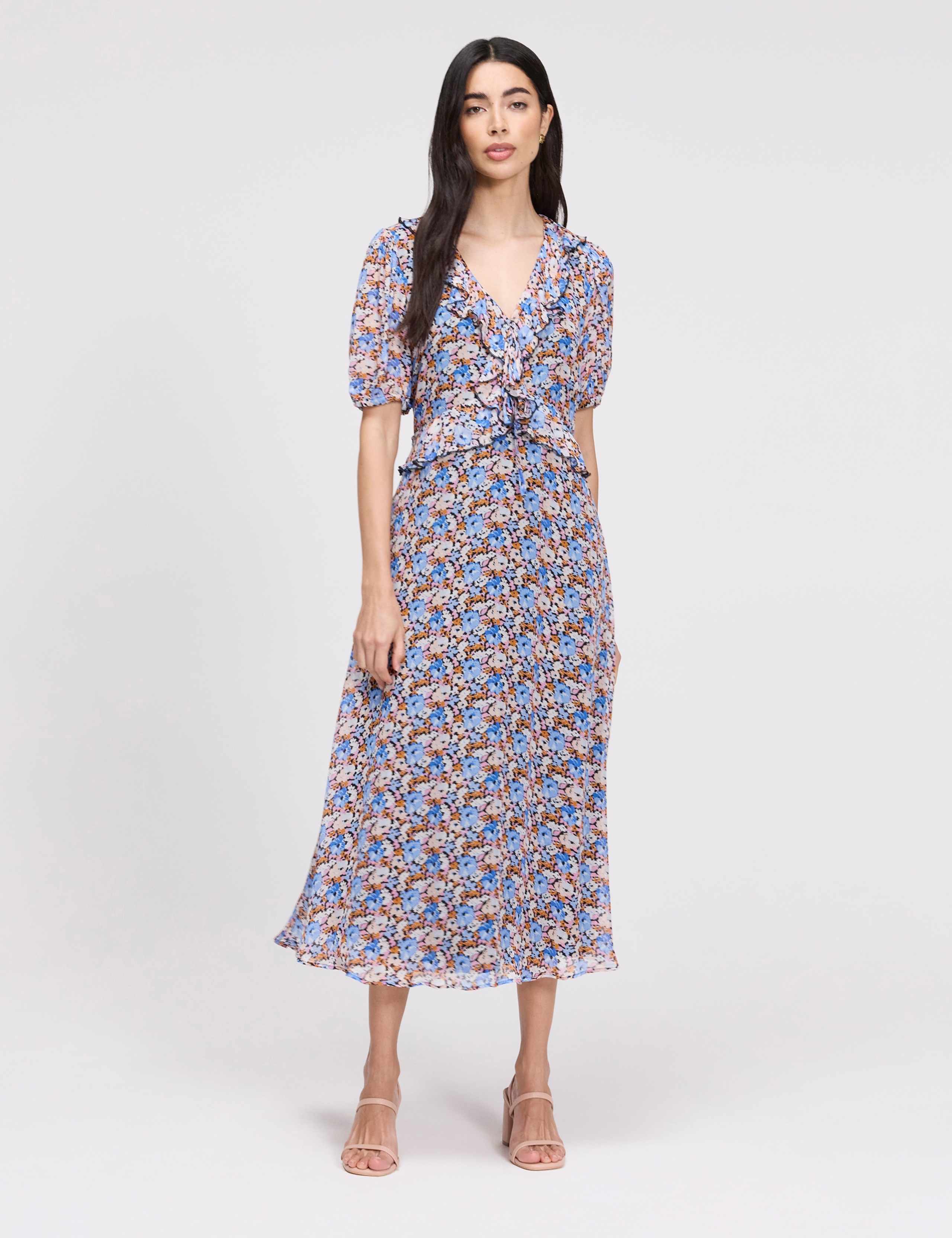 Floral Chiffon Ruffle Midi Skater Dress