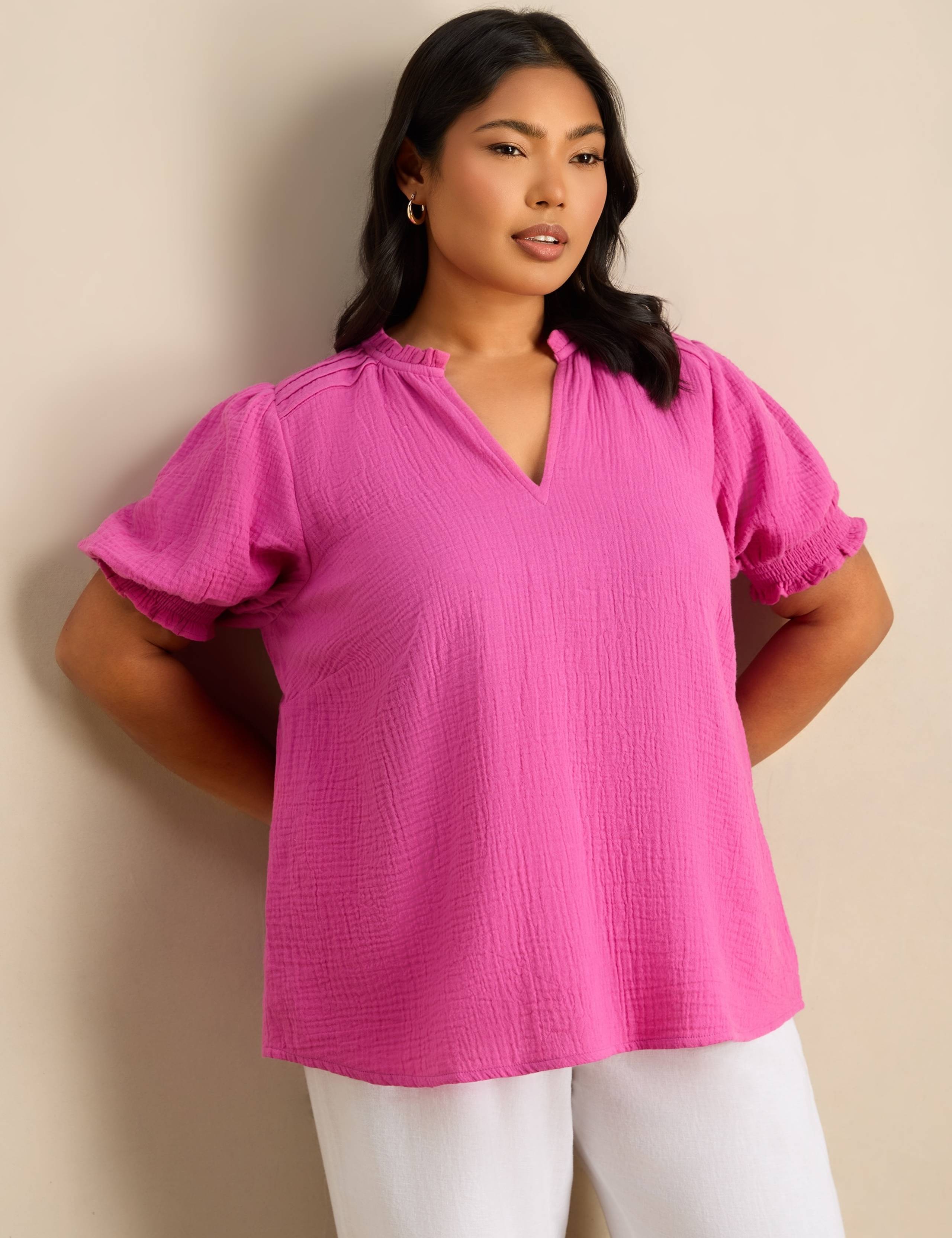 Pure Cotton Textured Ruffle Shirred Blouse