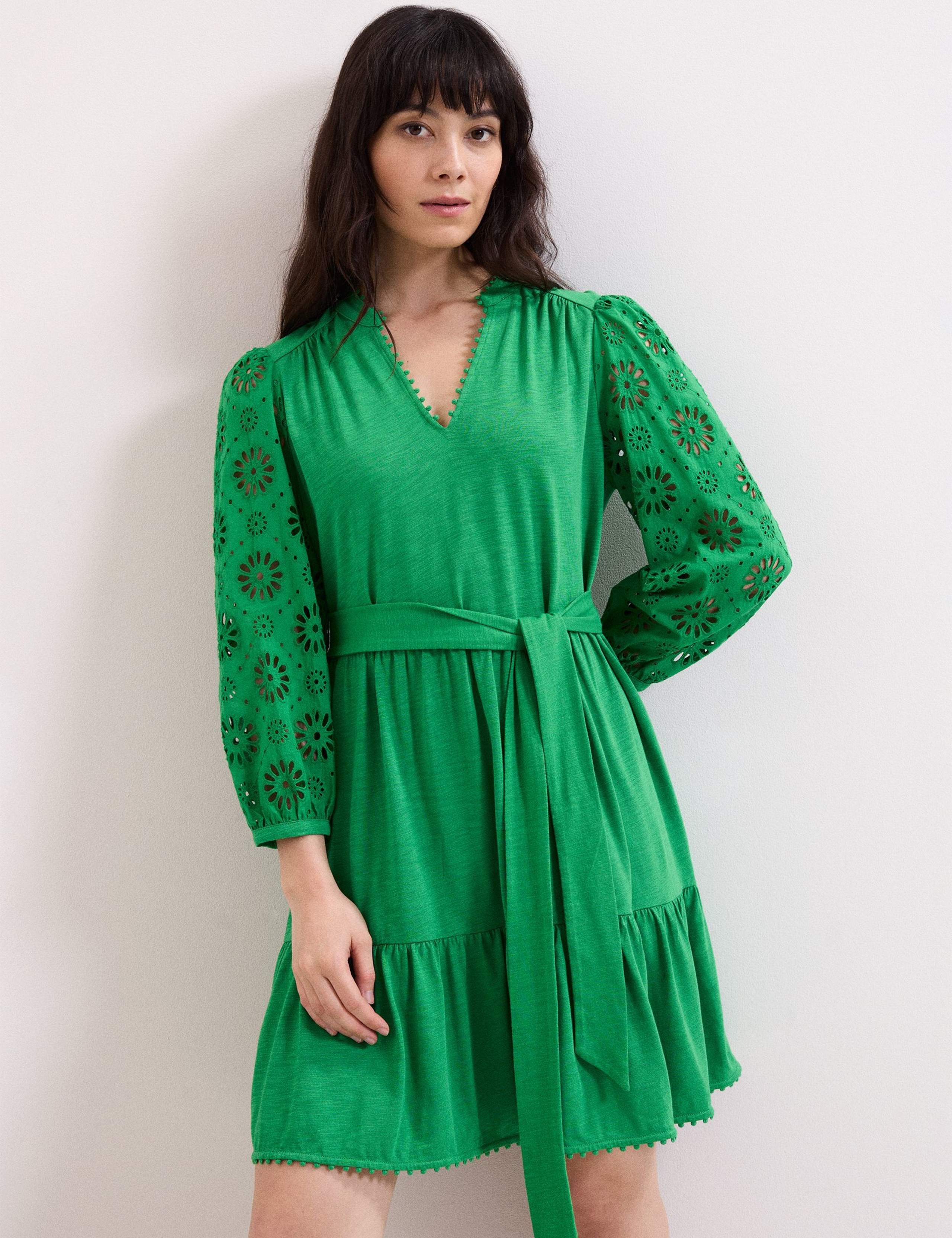 Cotton Blend Broderie V-Neck Mini Dress