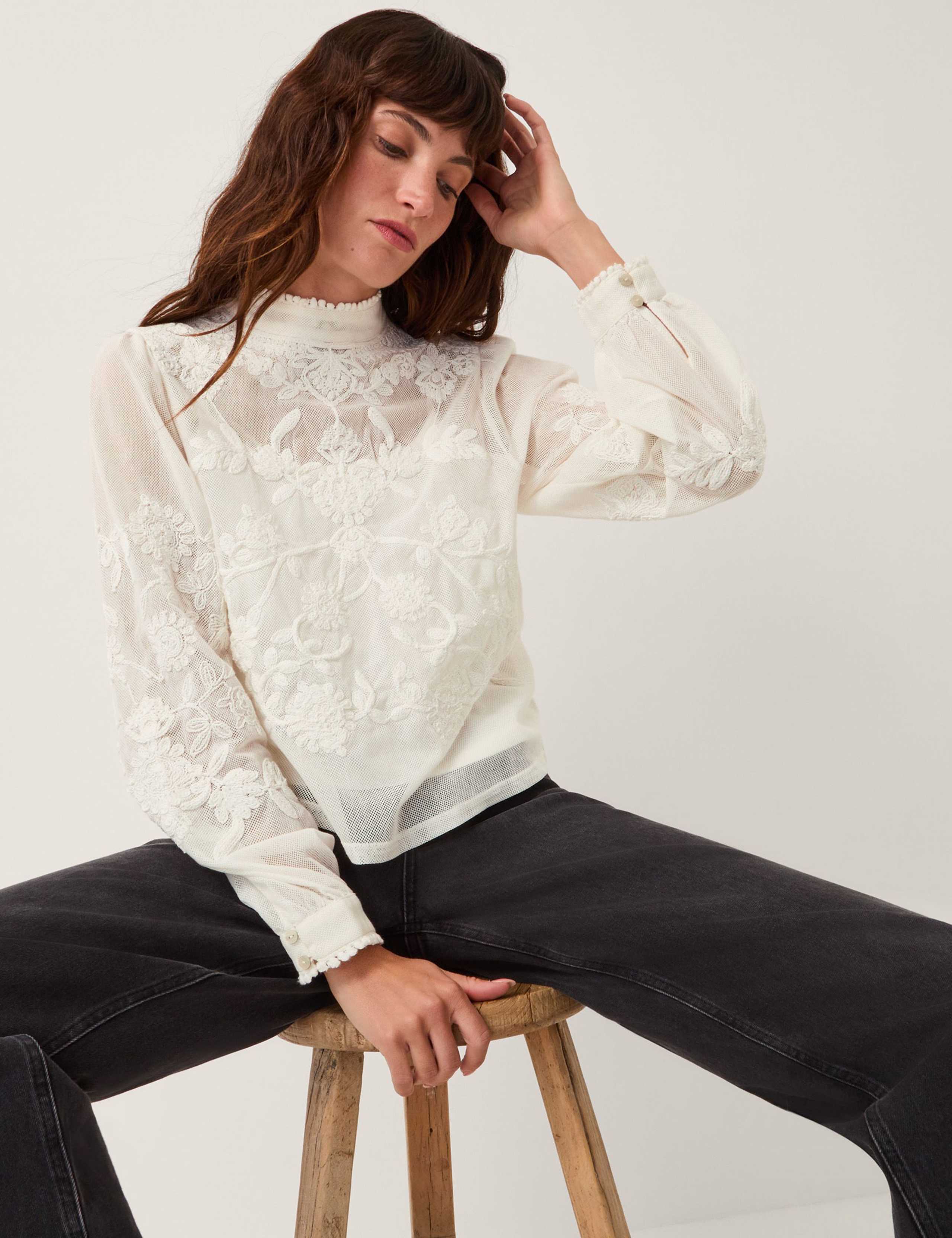 Pure Cotton Embroidered Lace High Neck Top