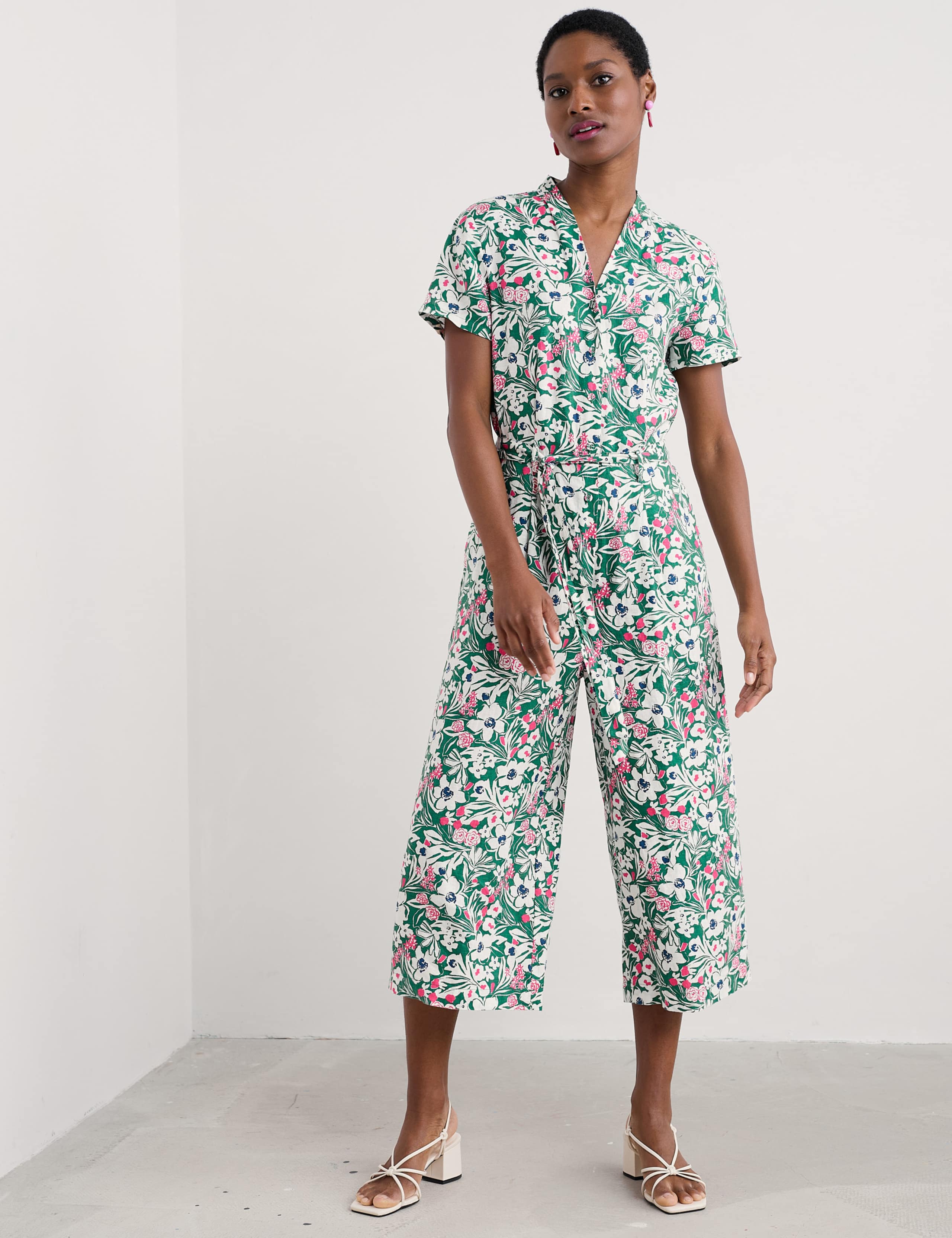 Pure Linen Floral Cropped Jumpsuit