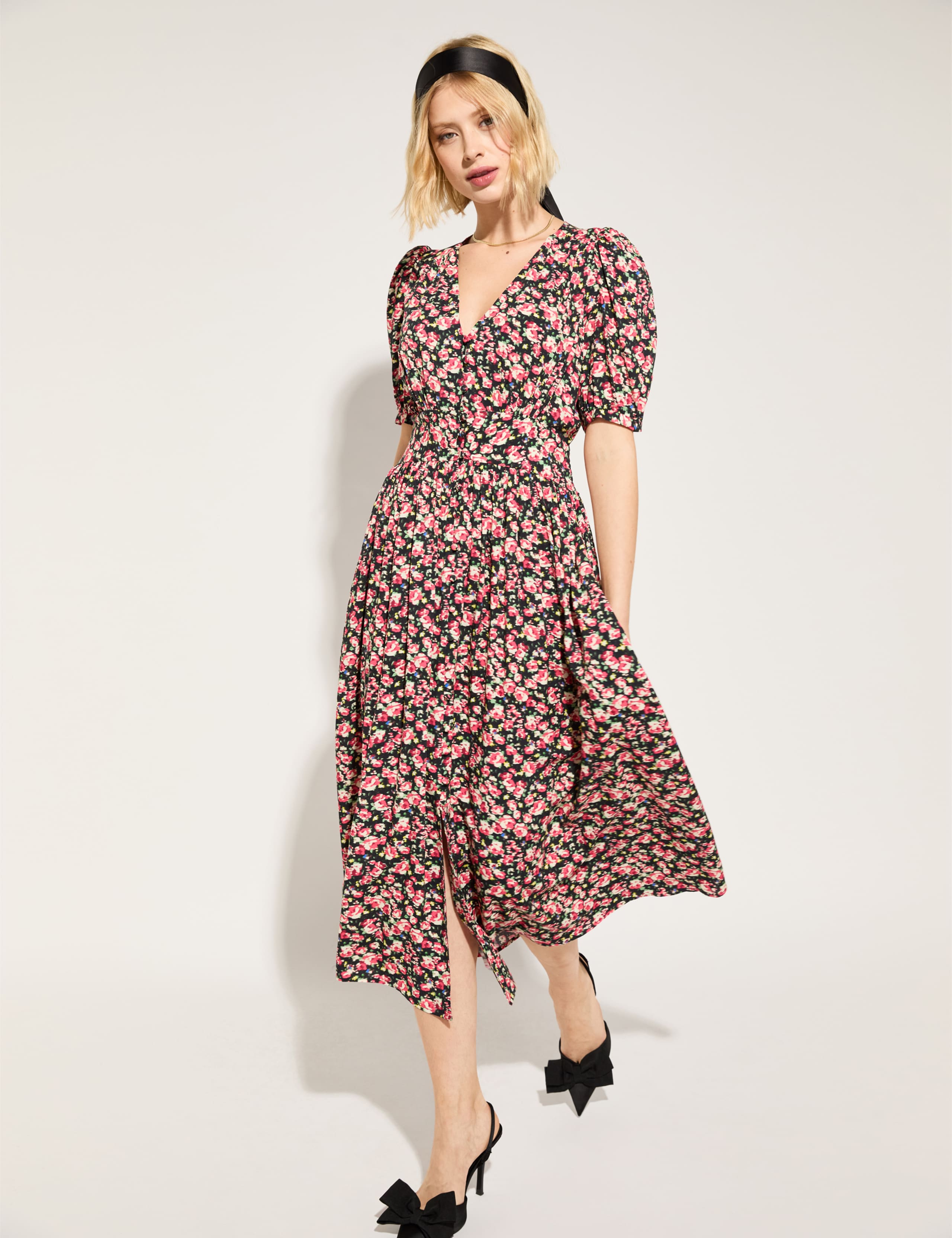 Floral V-Neck Midi Waisted Tea Dress
