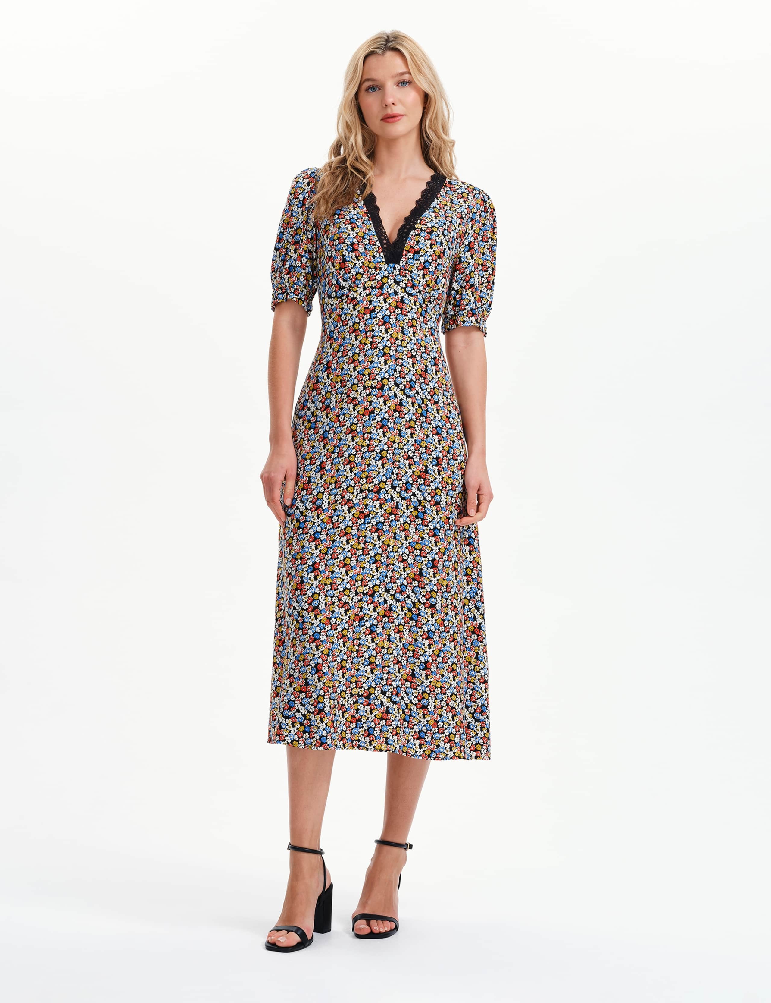 Floral Lace Trim Midi Waisted Dress