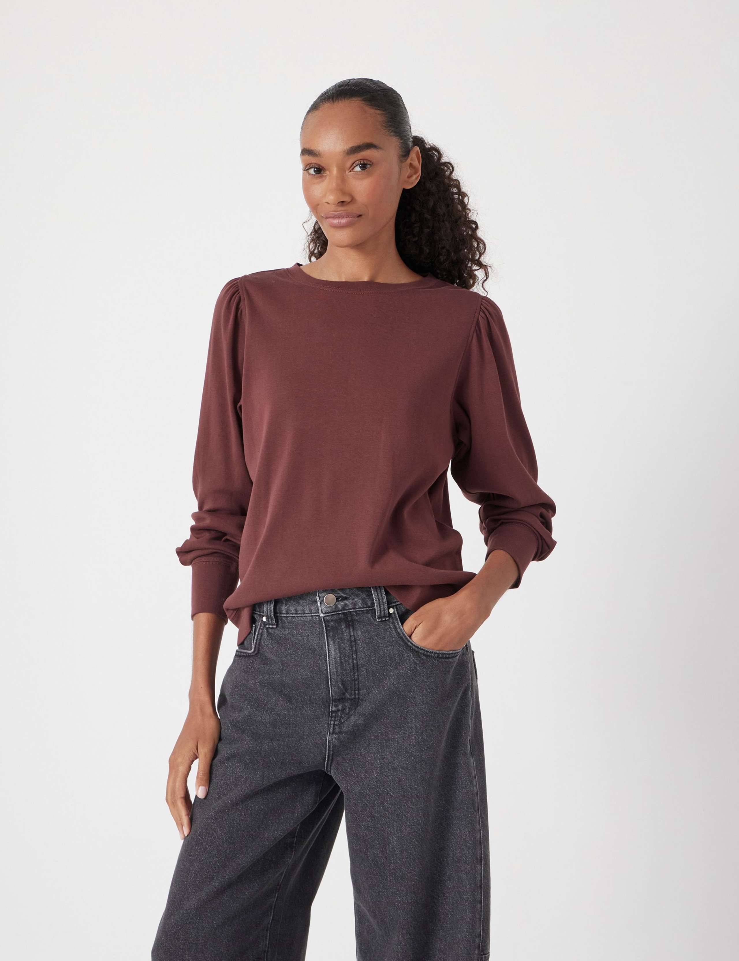 Pure Cotton Crew Neck Puff Sleeve Top