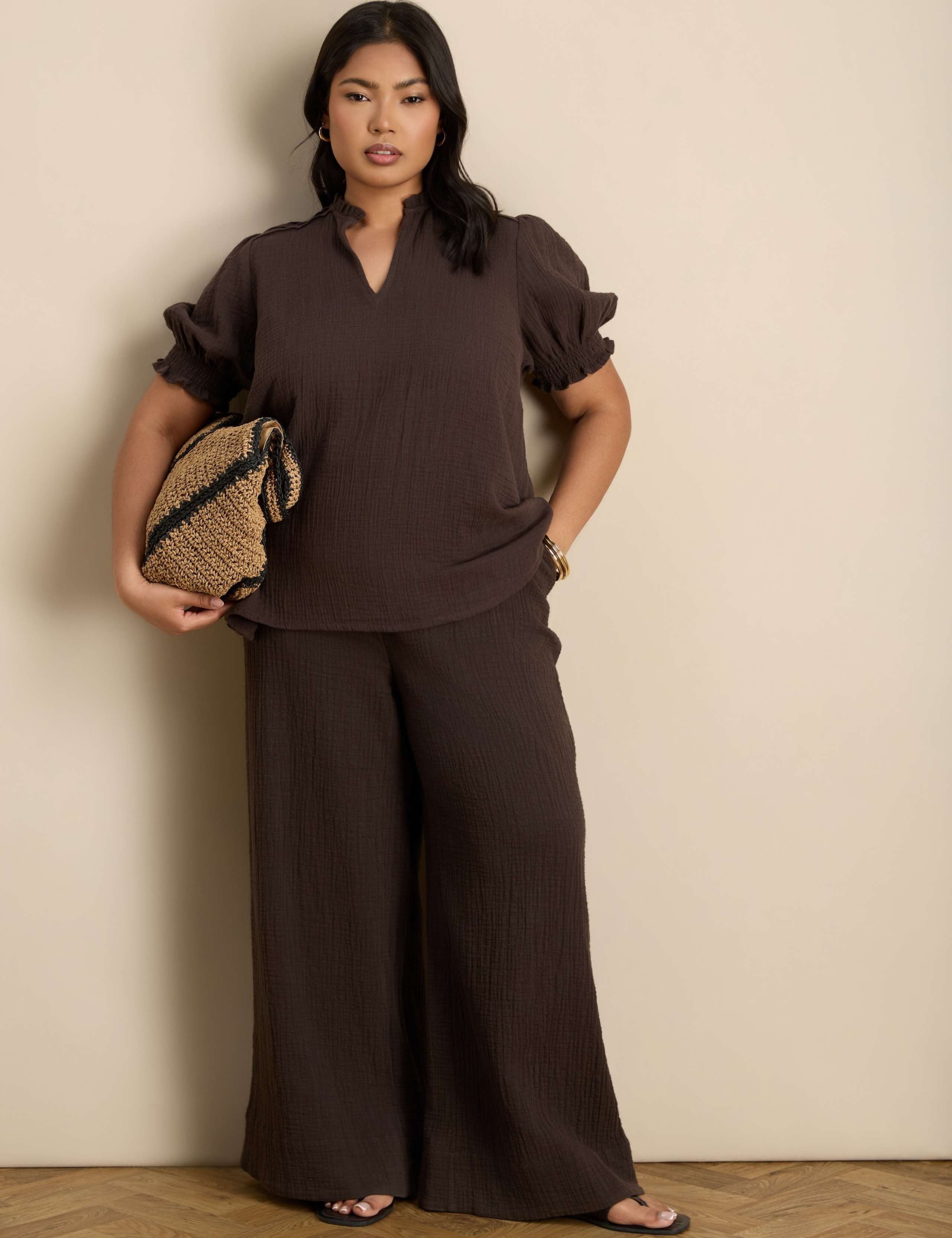 Pure Cotton Textured Wide Leg Trousers