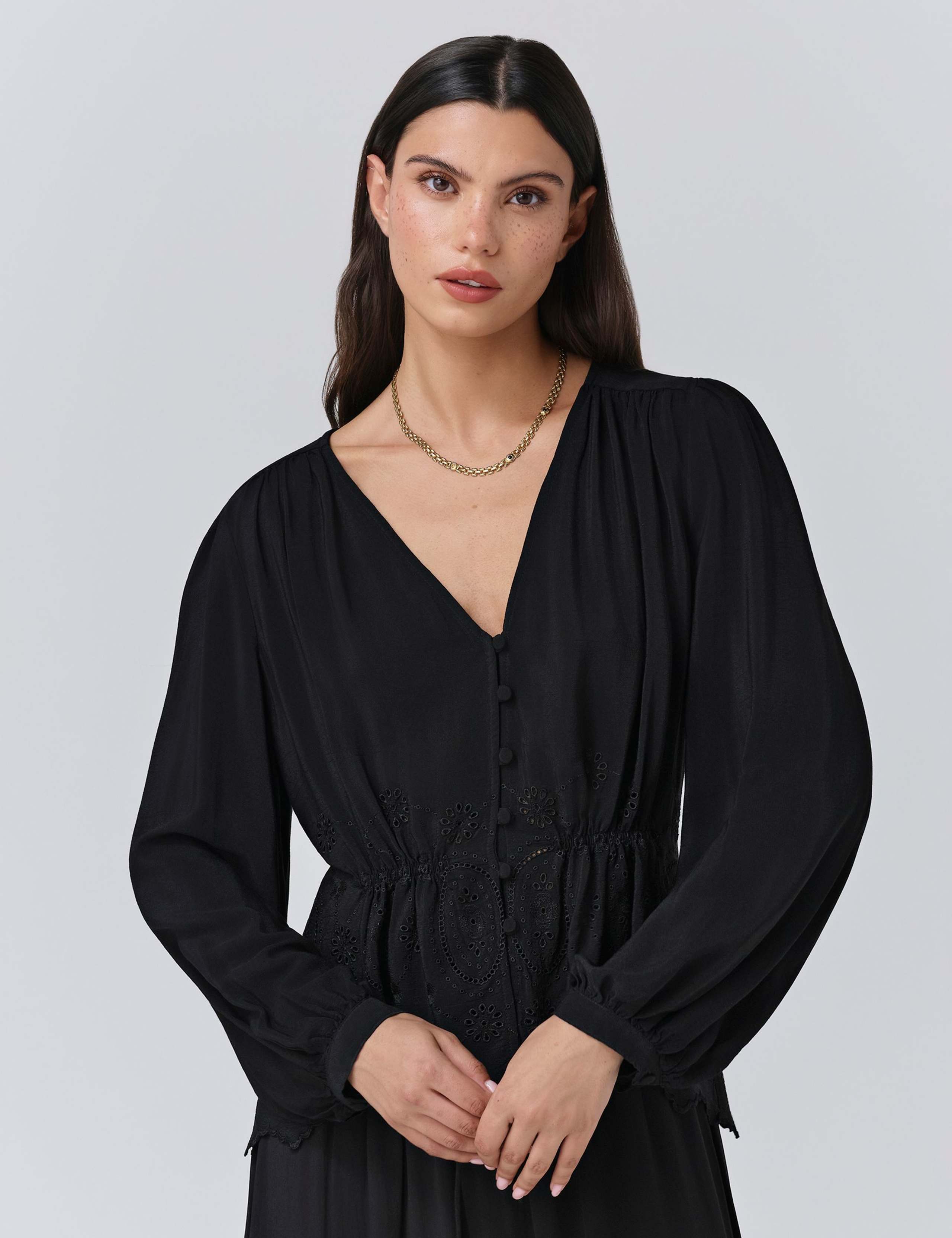 Crepe Broderie V-Neck Blouse