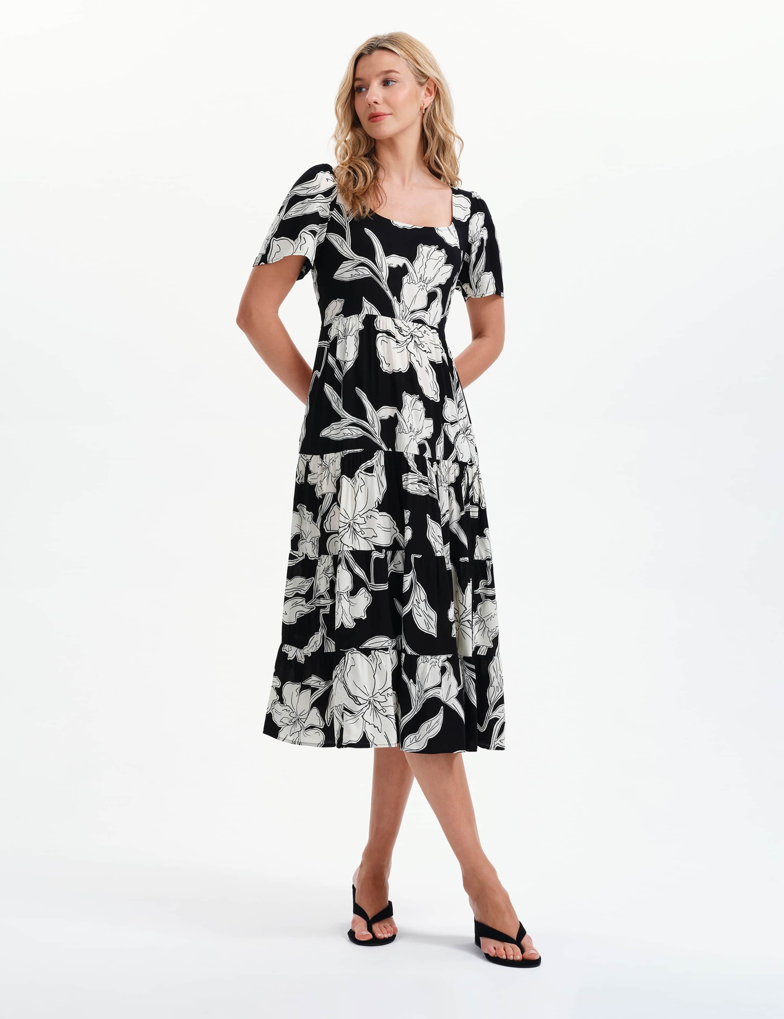 Floral Square Neck Midi Tiered Dress