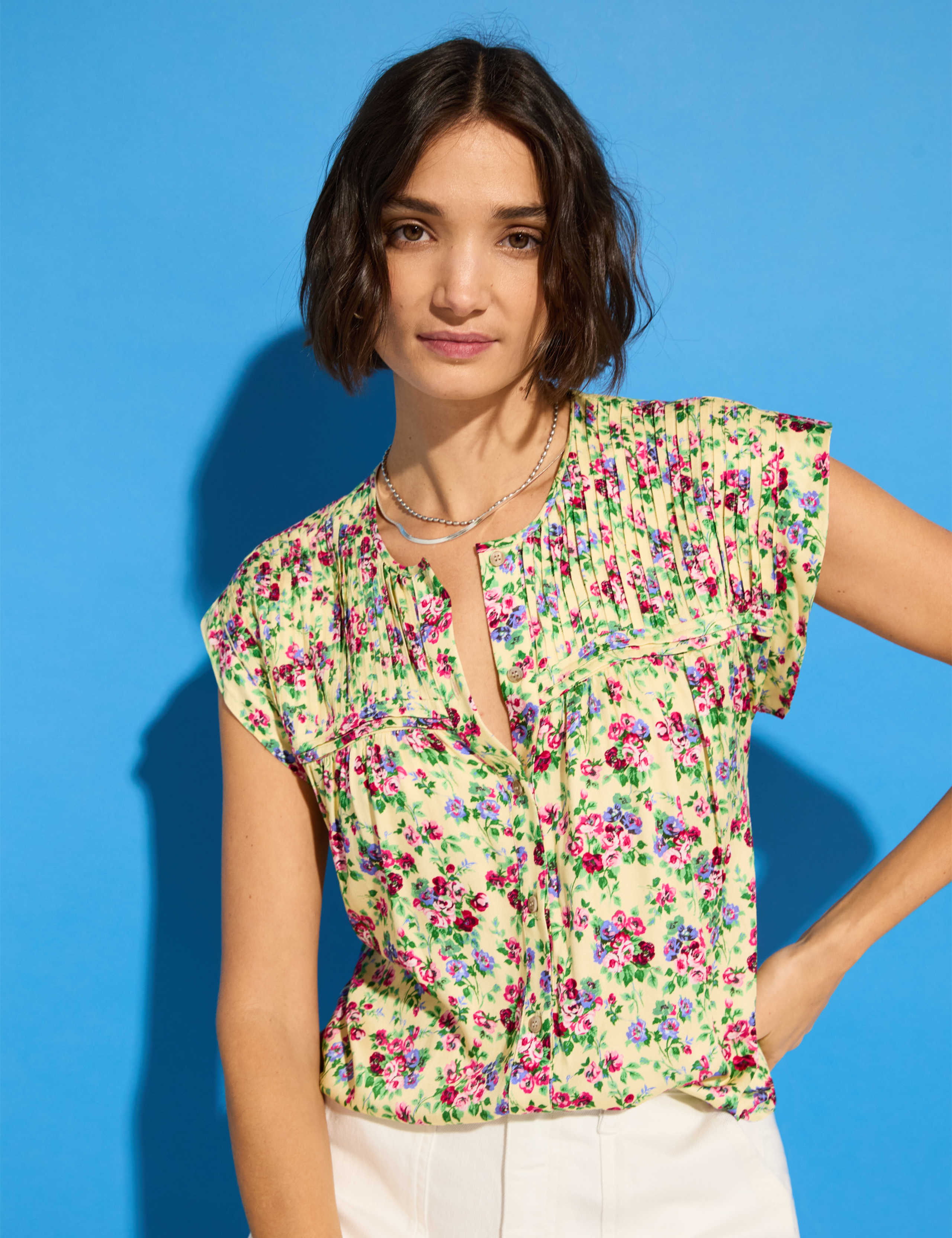 Satin Floral Pintuck Cap Sleeve Blouse