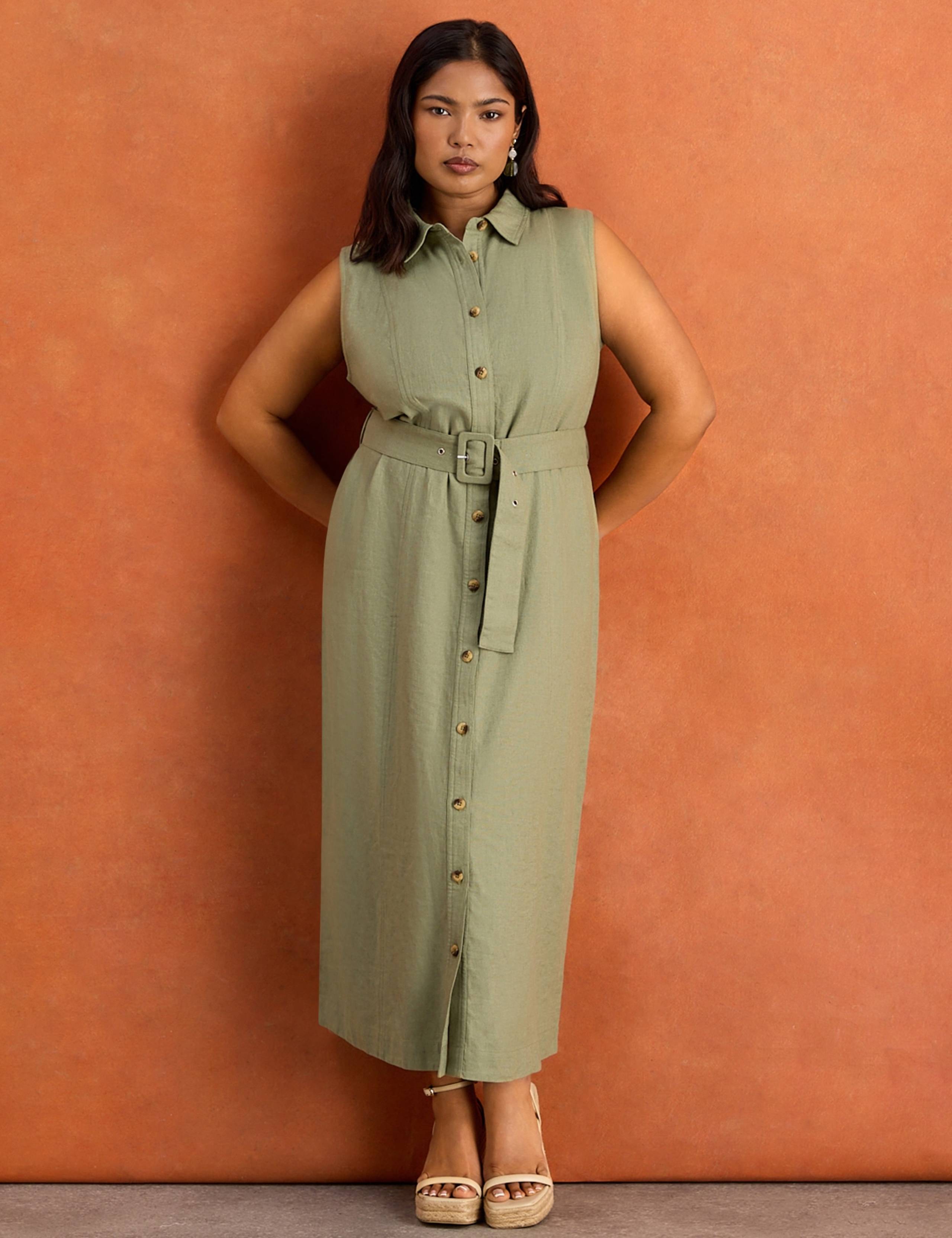 Linen Blend Belted Midaxi Shirt Dress
