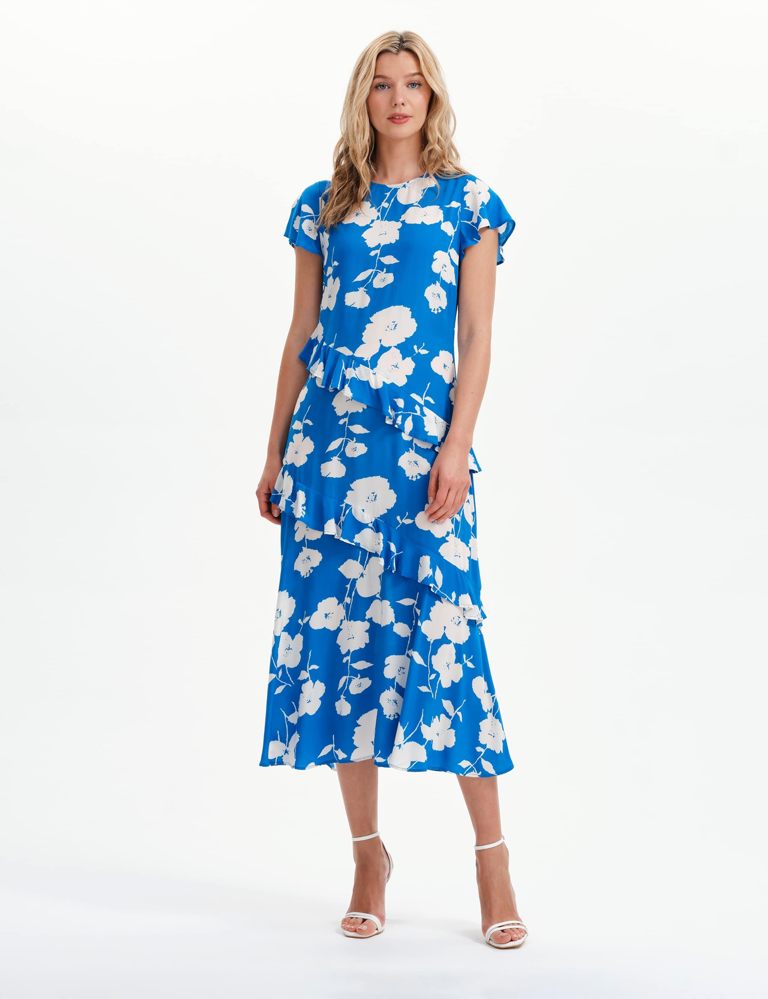 Floral Round Neck Ruffle Midi Waisted Dress