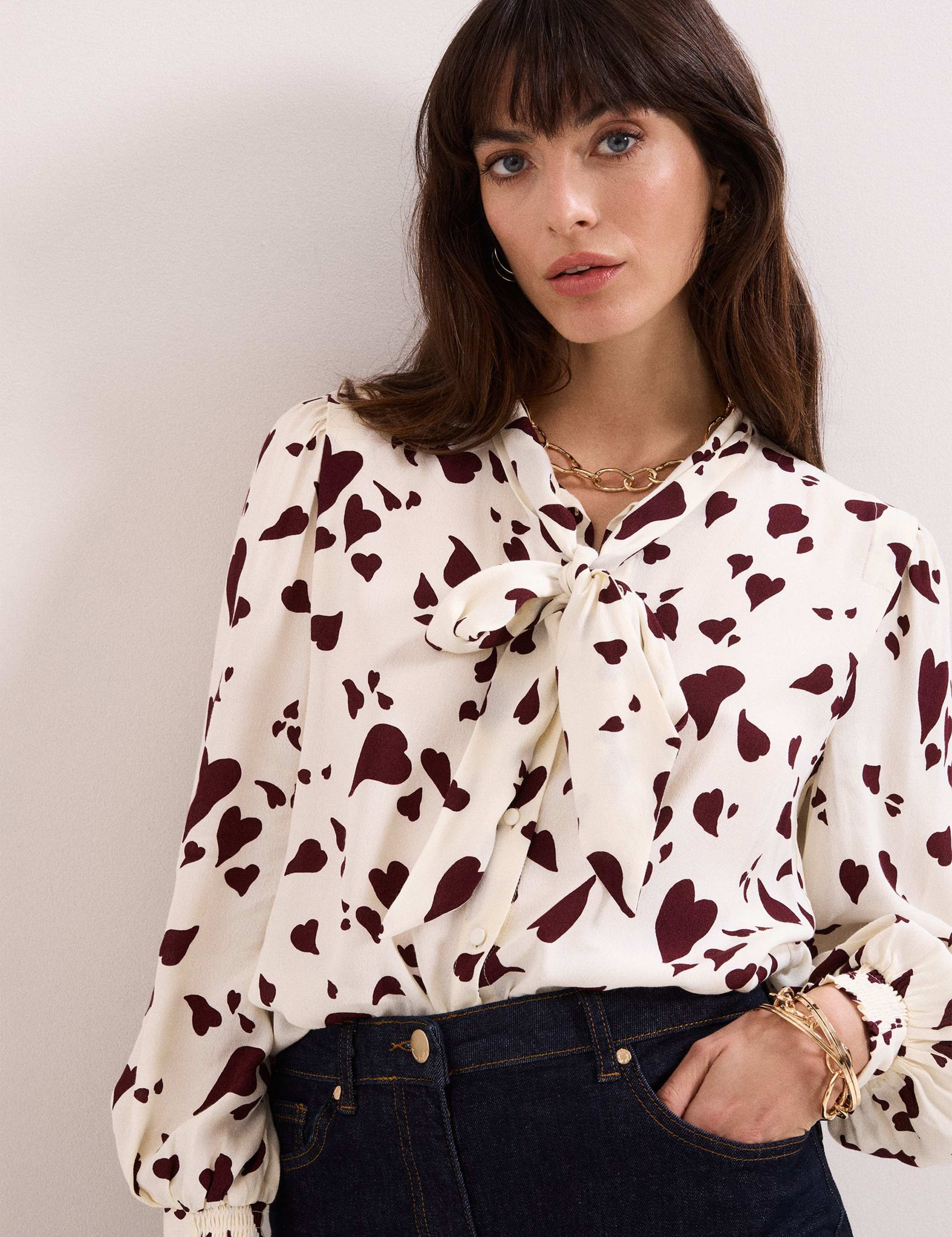 Heart Print Tie Neck Blouse