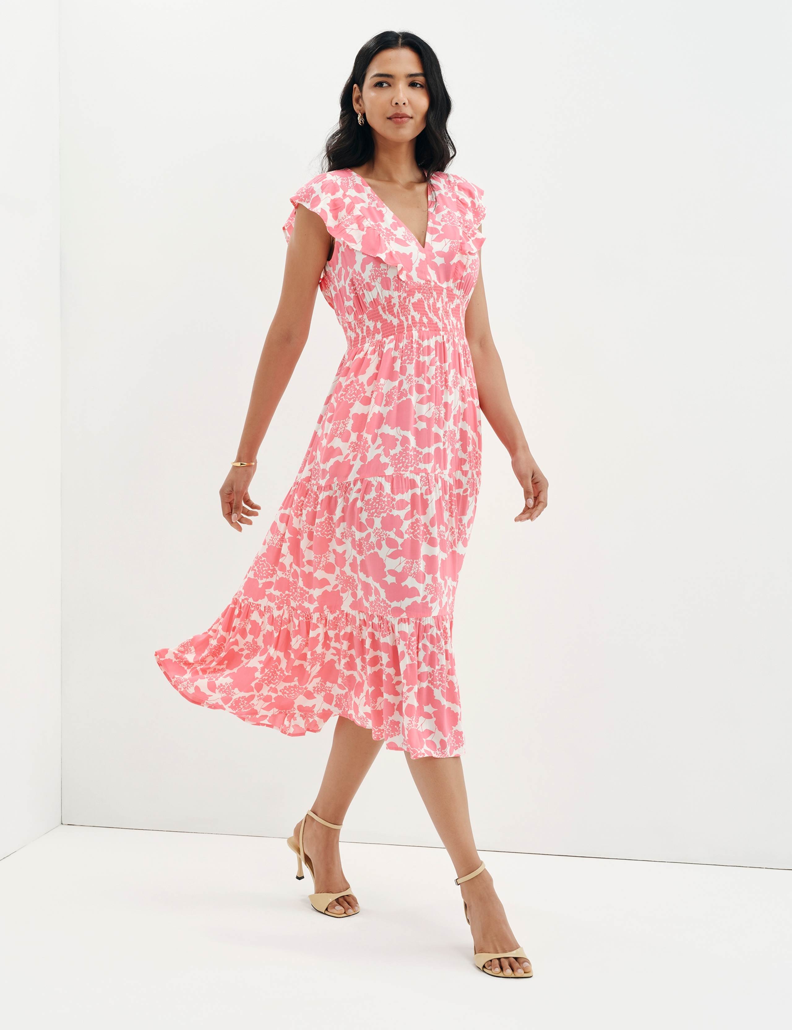 Voile Printed V-Neck Midi Tiered Dress