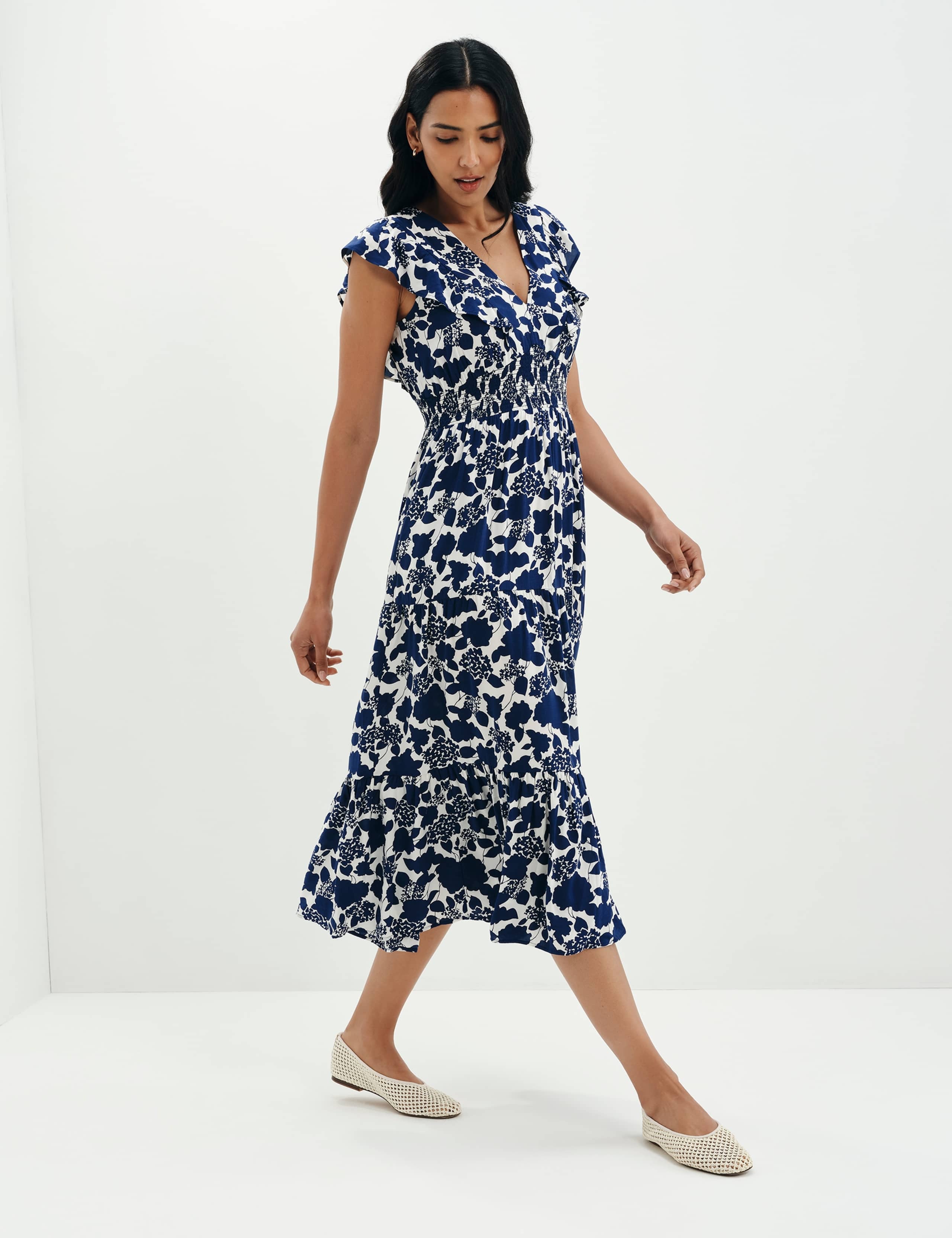 Voile Printed V-Neck Midi Tiered Dress