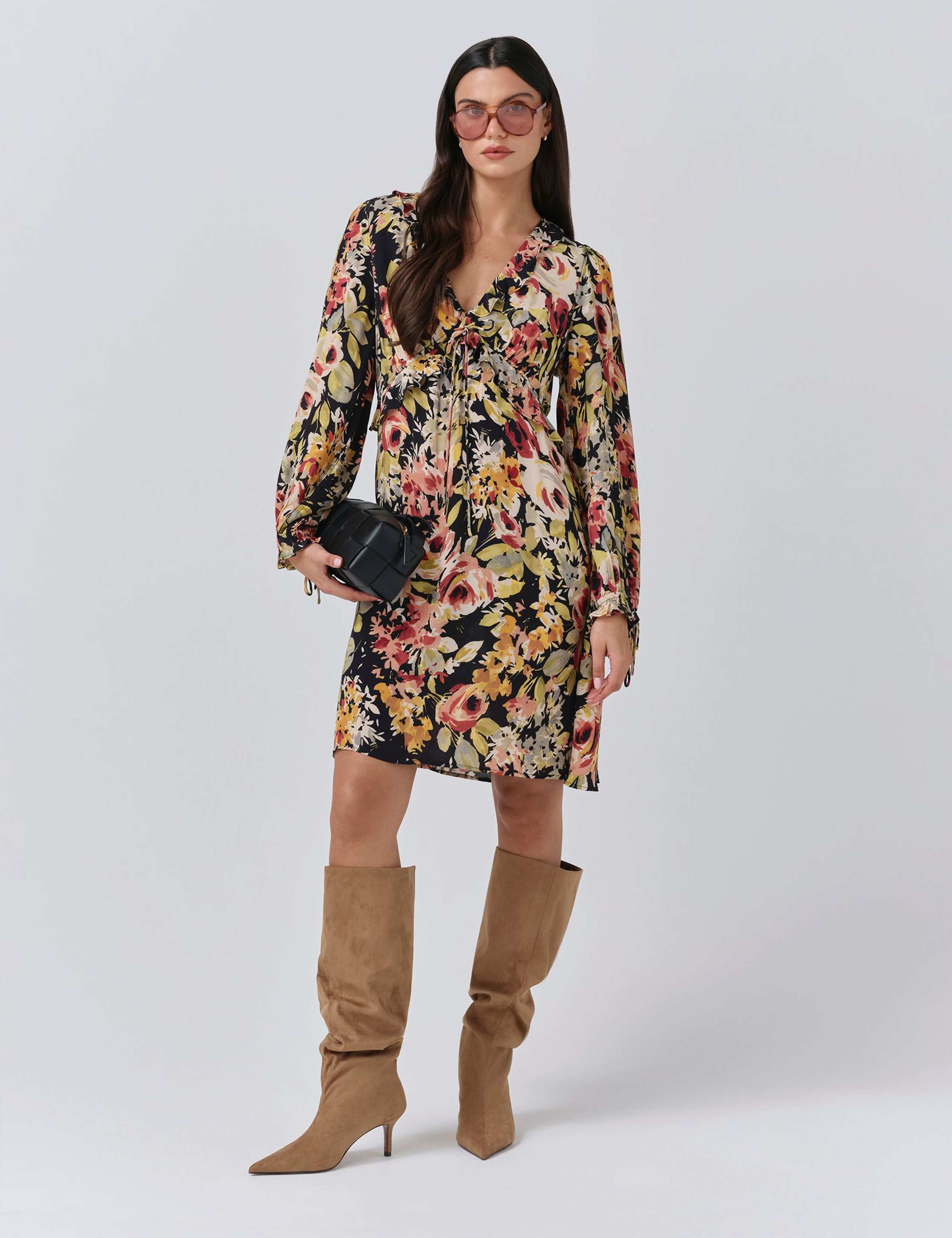 Crepe Floral V-Neck Mini Tea Dress