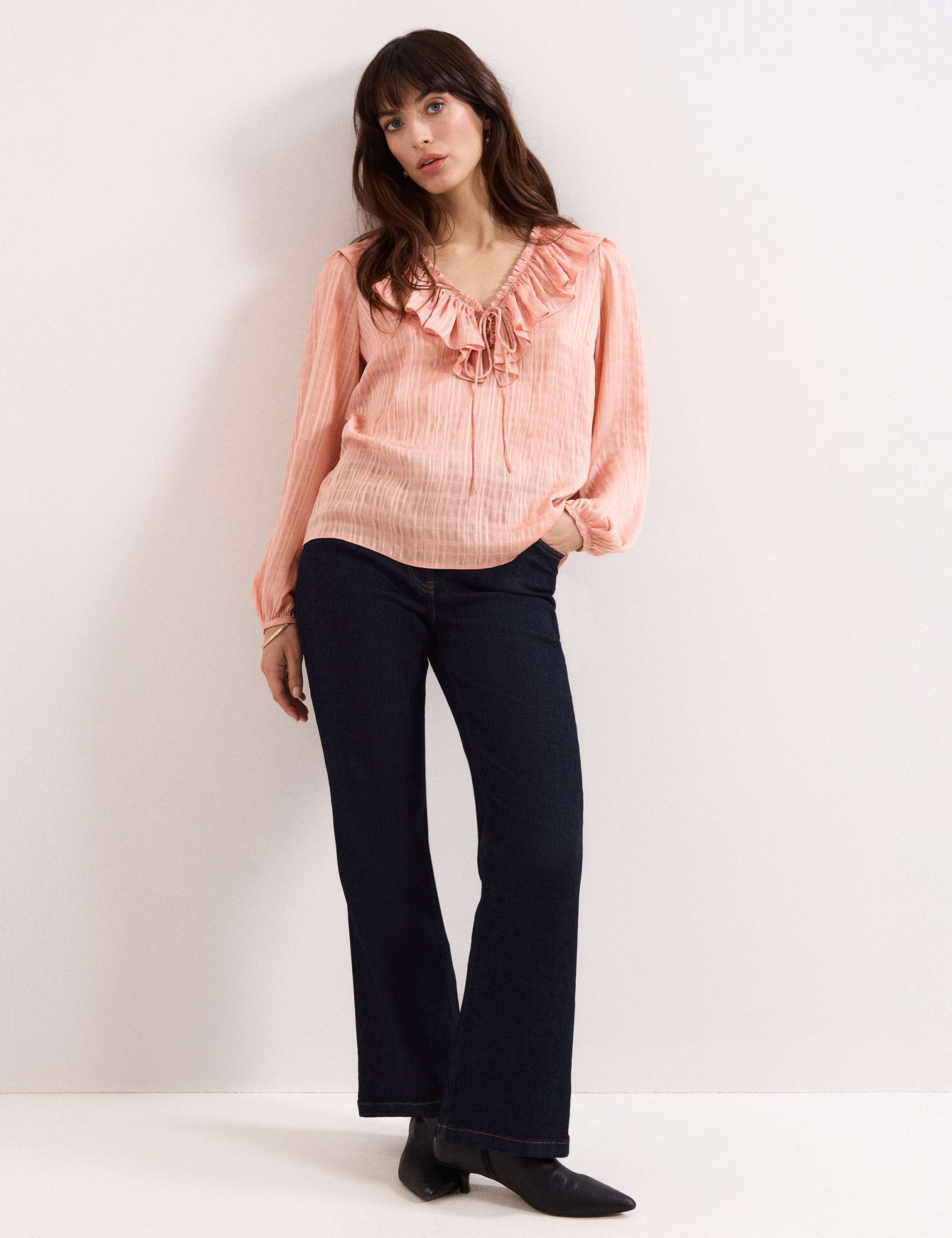 Textured Tie Neck Ruffle Blouse