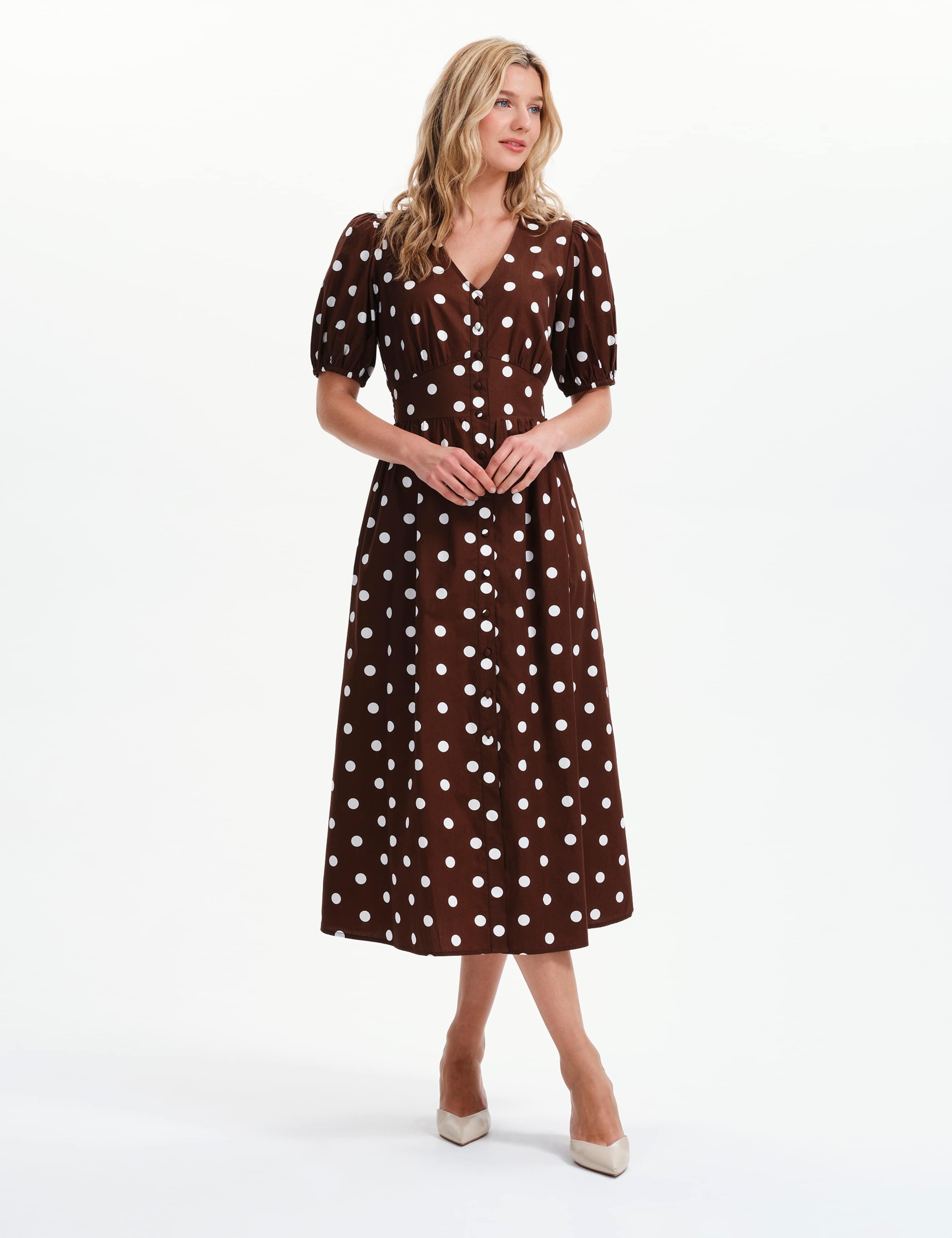 Pure Cotton Polka Dot V-Neck Midi Dress
