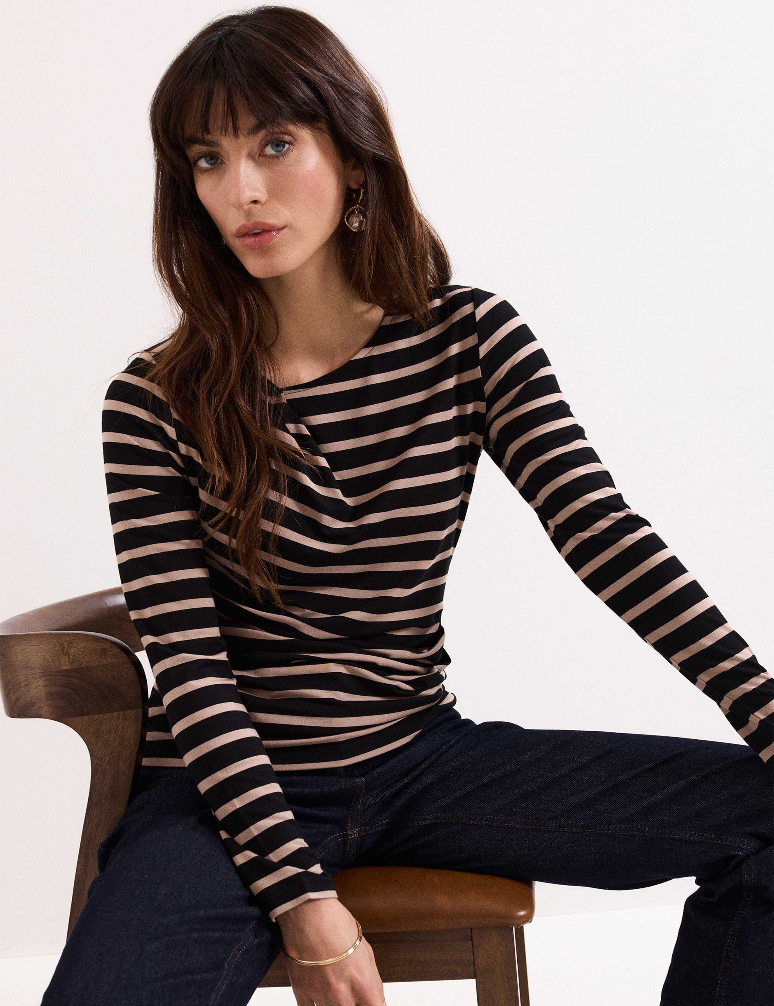 Draped Striped Slash Neck Top