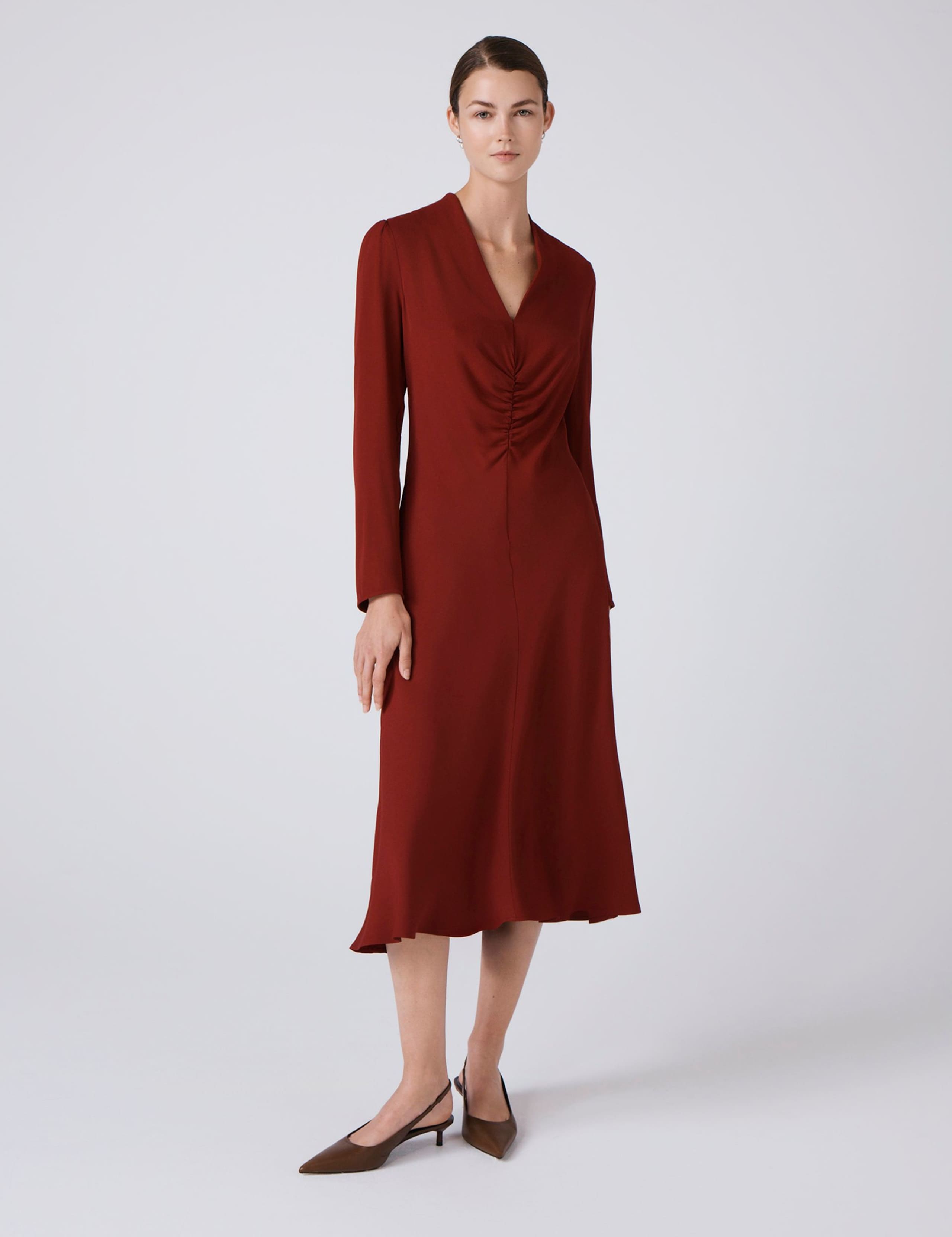 Crepe V-Neck Ruched Midi Skater Dress