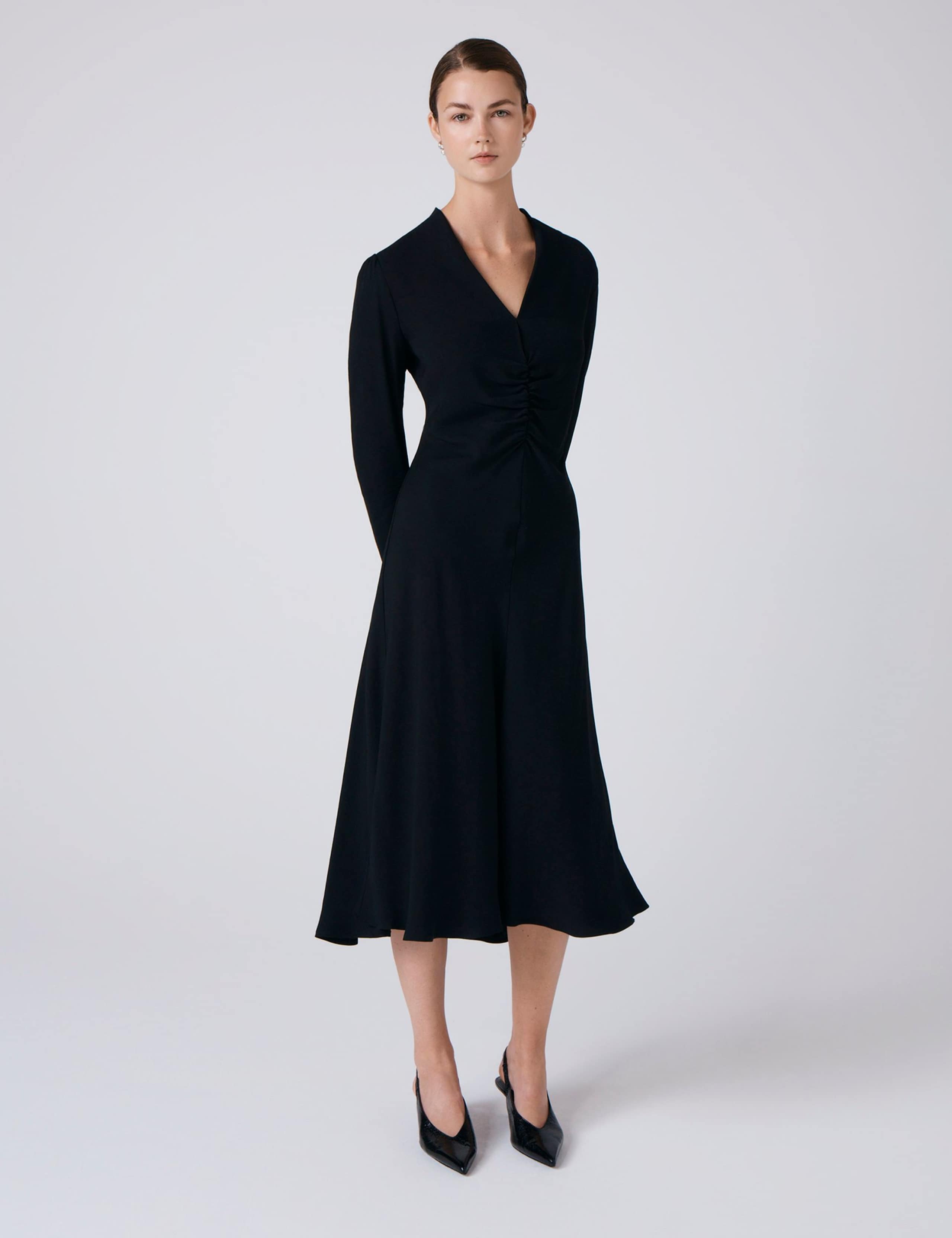 Crepe V-Neck Ruched Midi Skater Dress