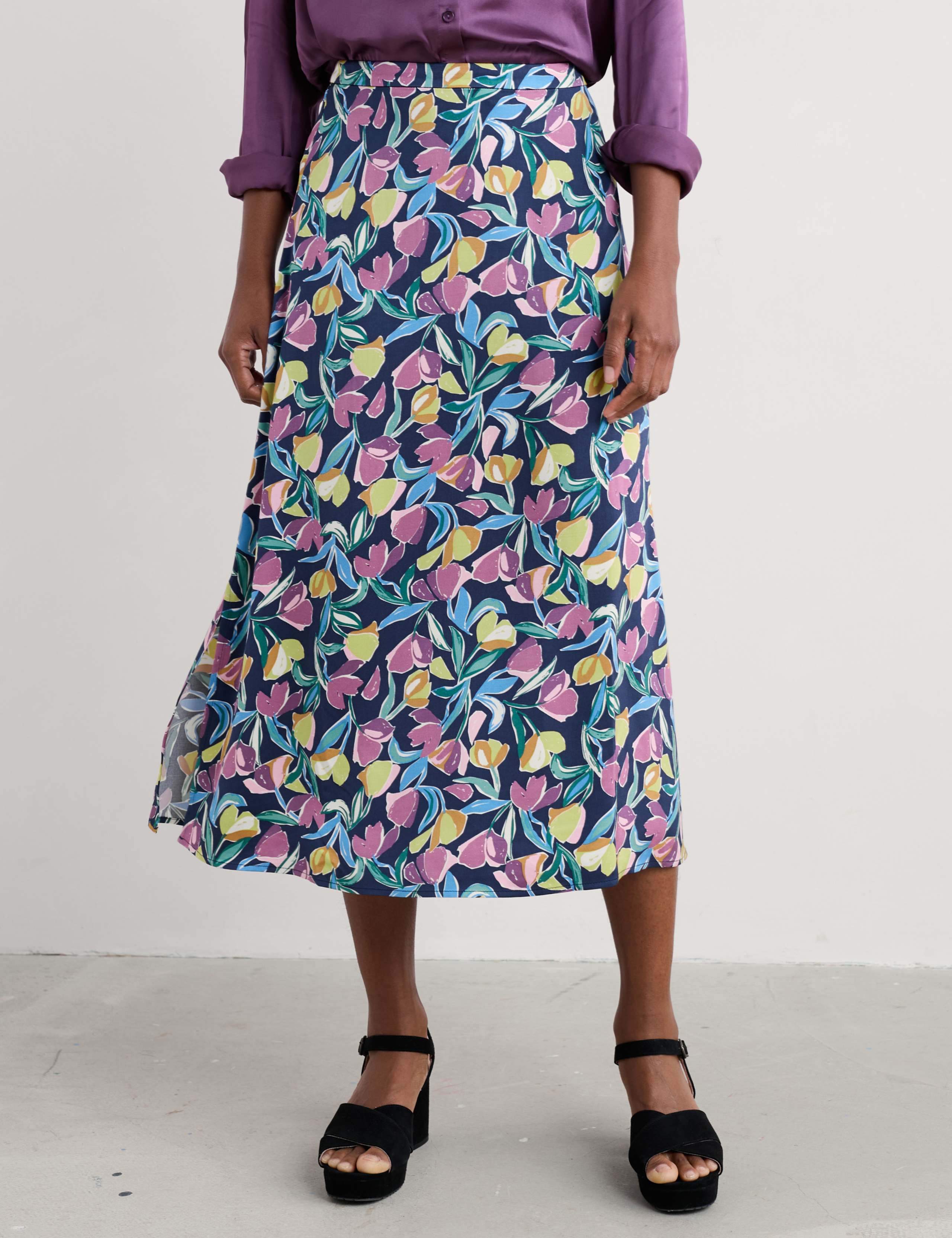 Floral Side Split Midi A-Line Skirt