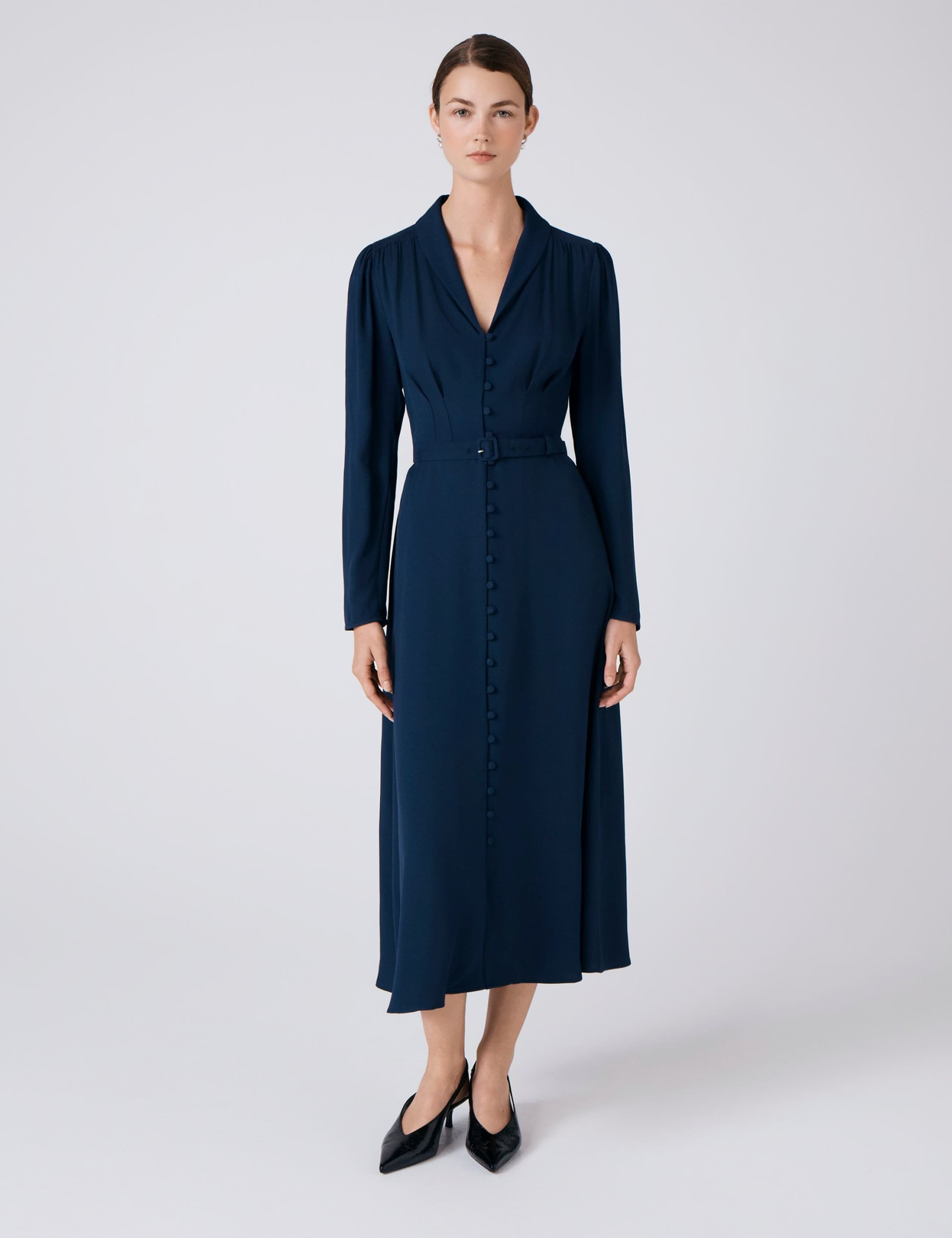 Crepe V-Neck Button Front Midi Waisted Dress