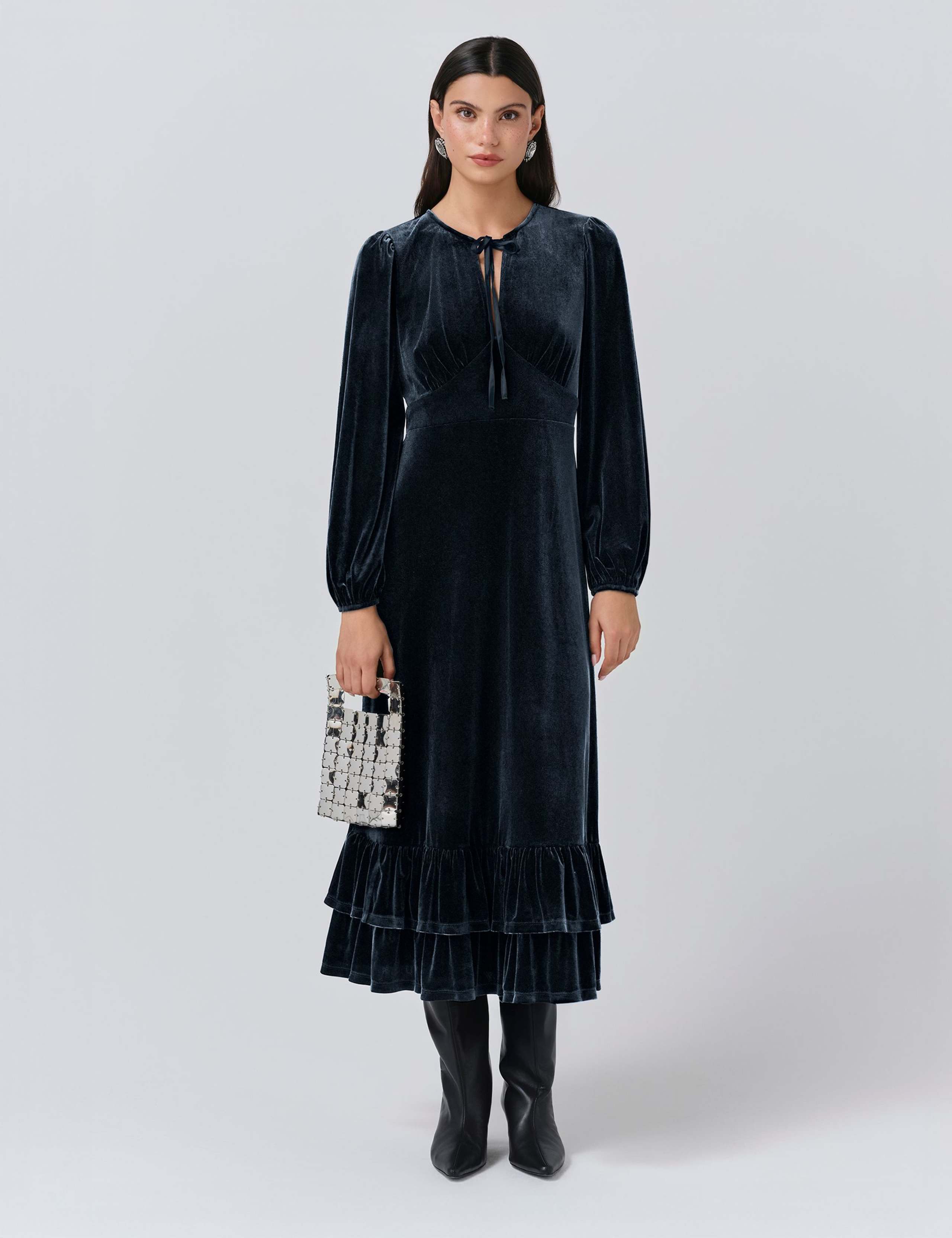 Velvet Tie Neck Midi Tiered Dress