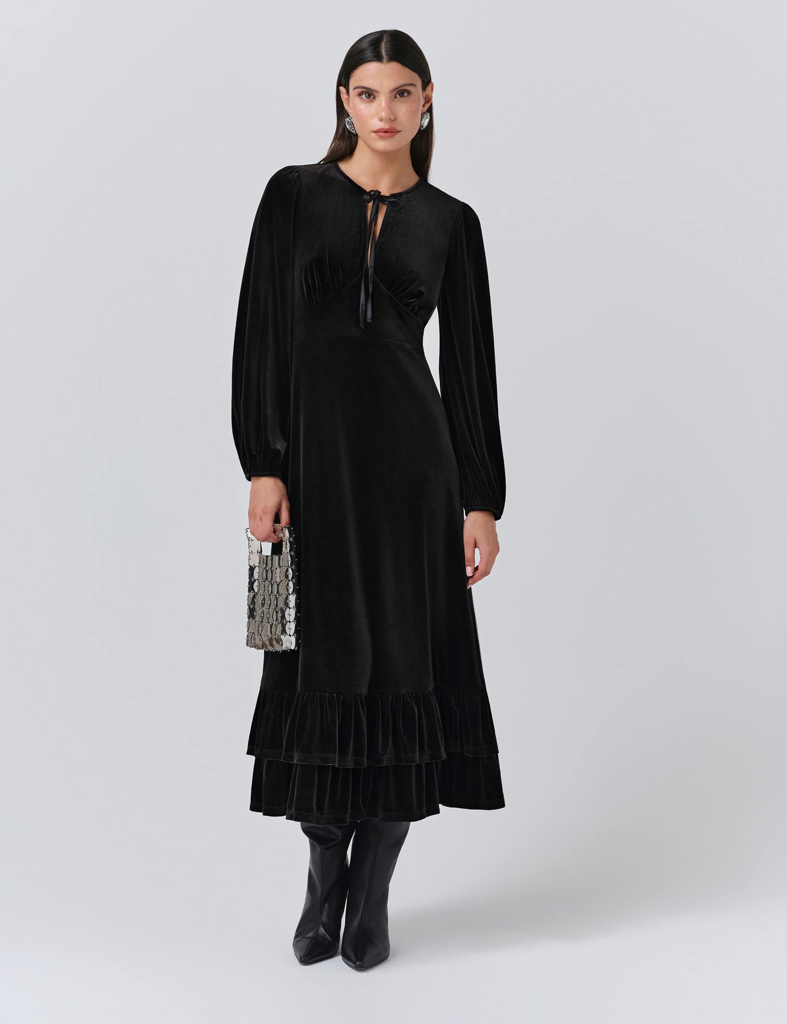 Velvet Tie Neck Midi Tiered Dress