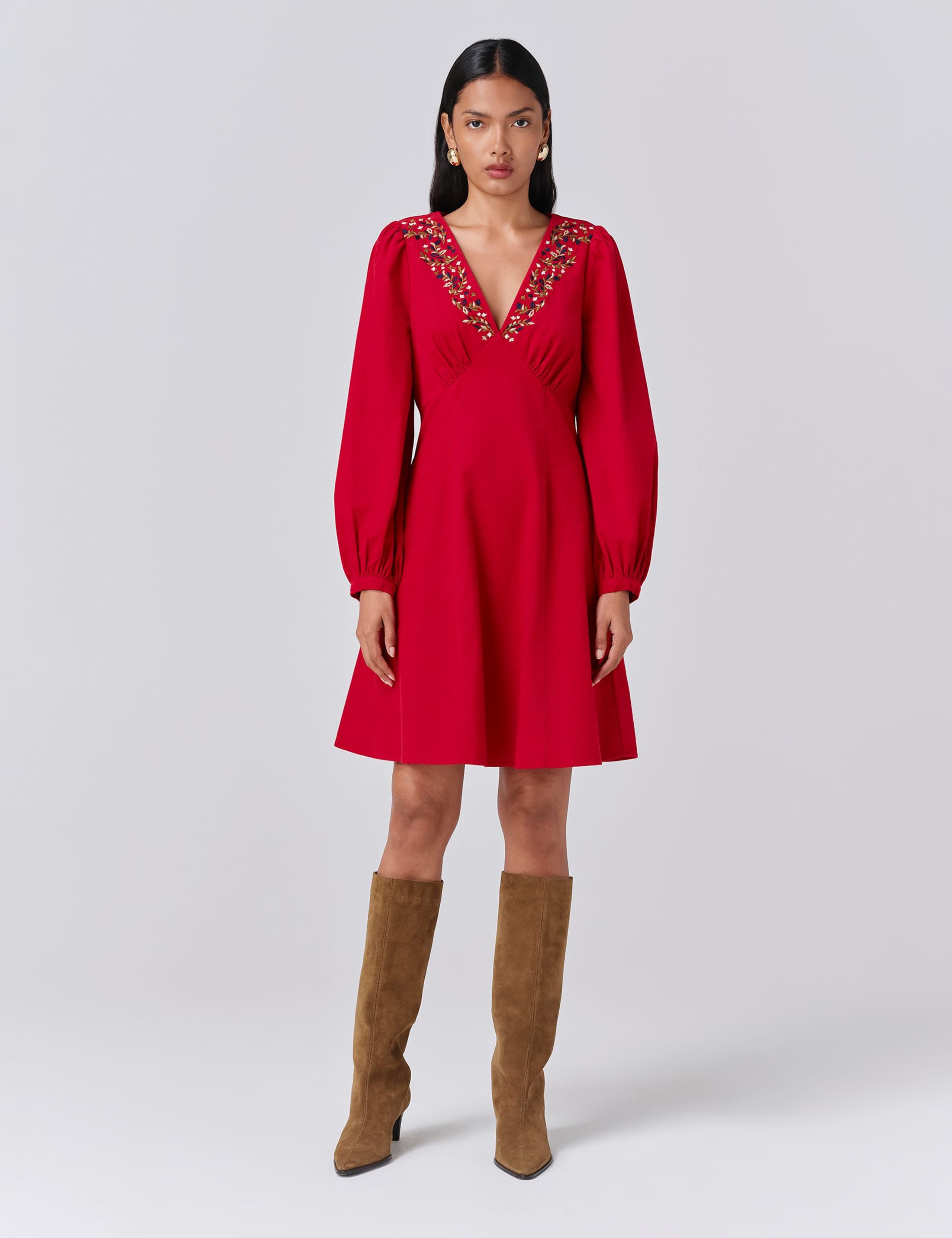 Pure Cotton Cord Embroidered V-Neck Mini Dress