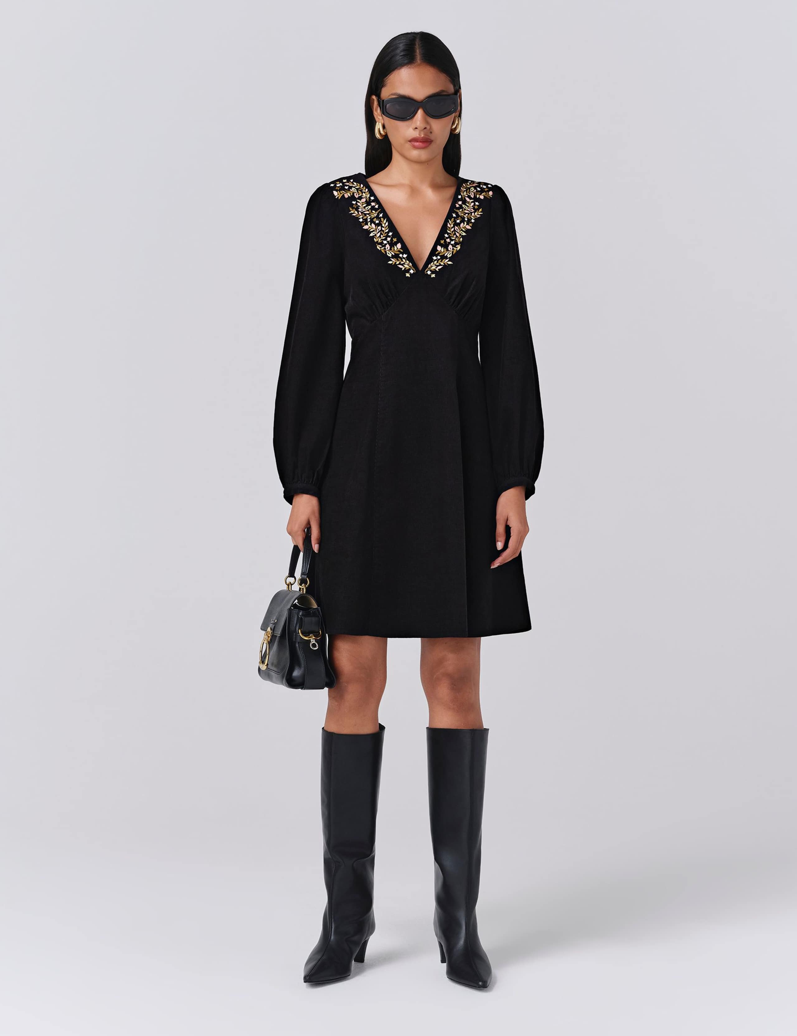 Pure Cotton Cord Embroidered V-Neck Mini Dress