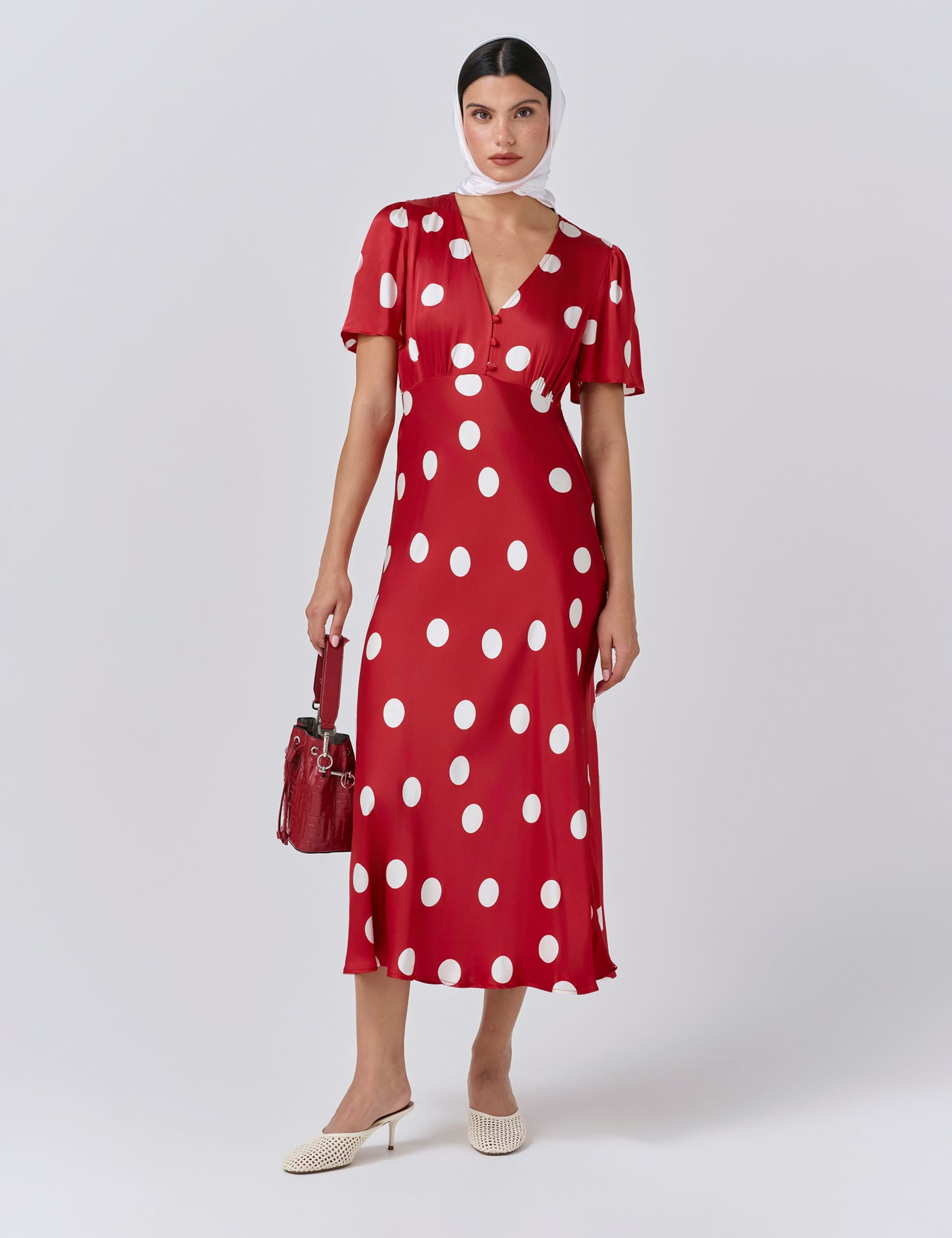 Satin Polka Dot V-Neck Tea Dress