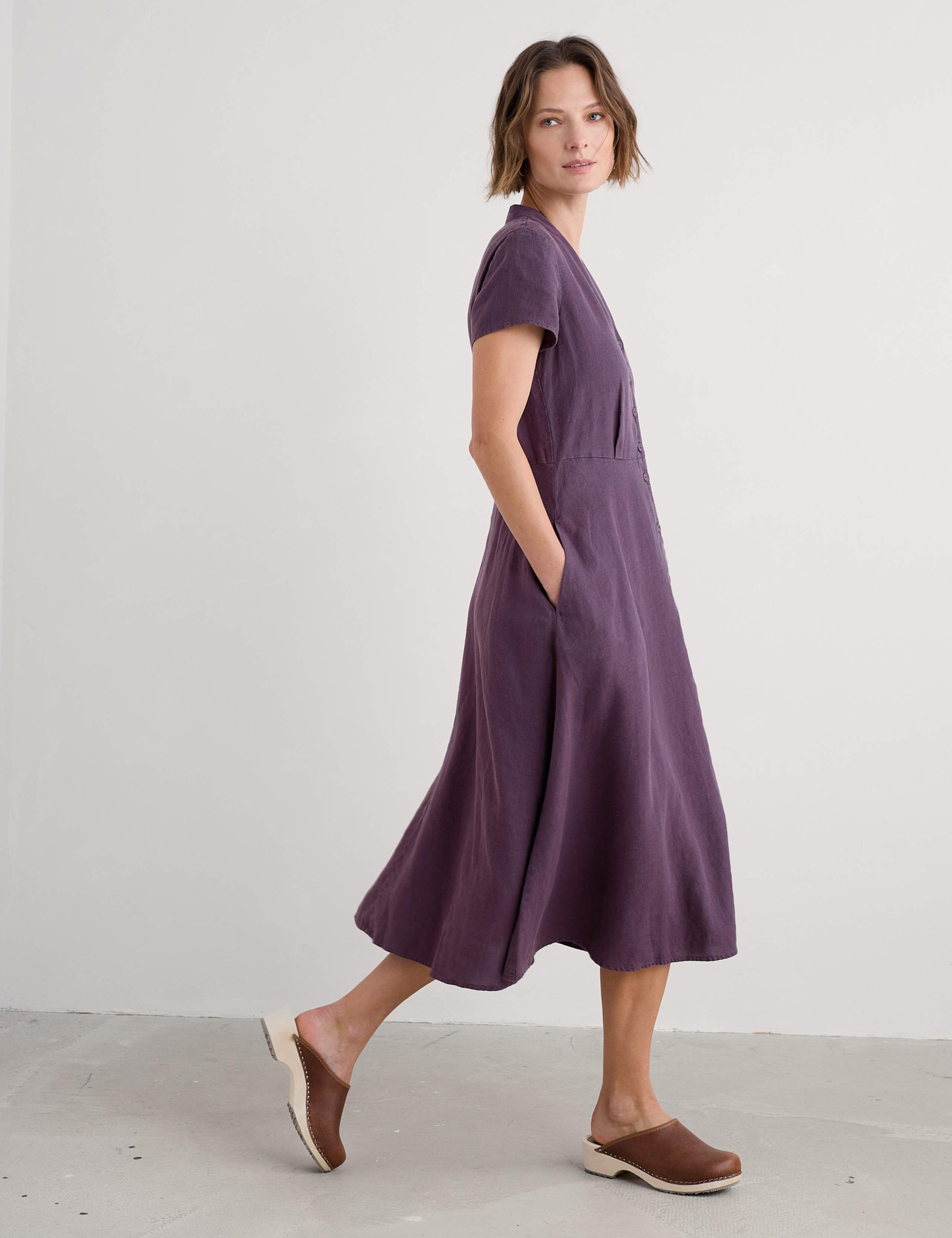 Pure Linen V-Neck Midi Shirt Dress