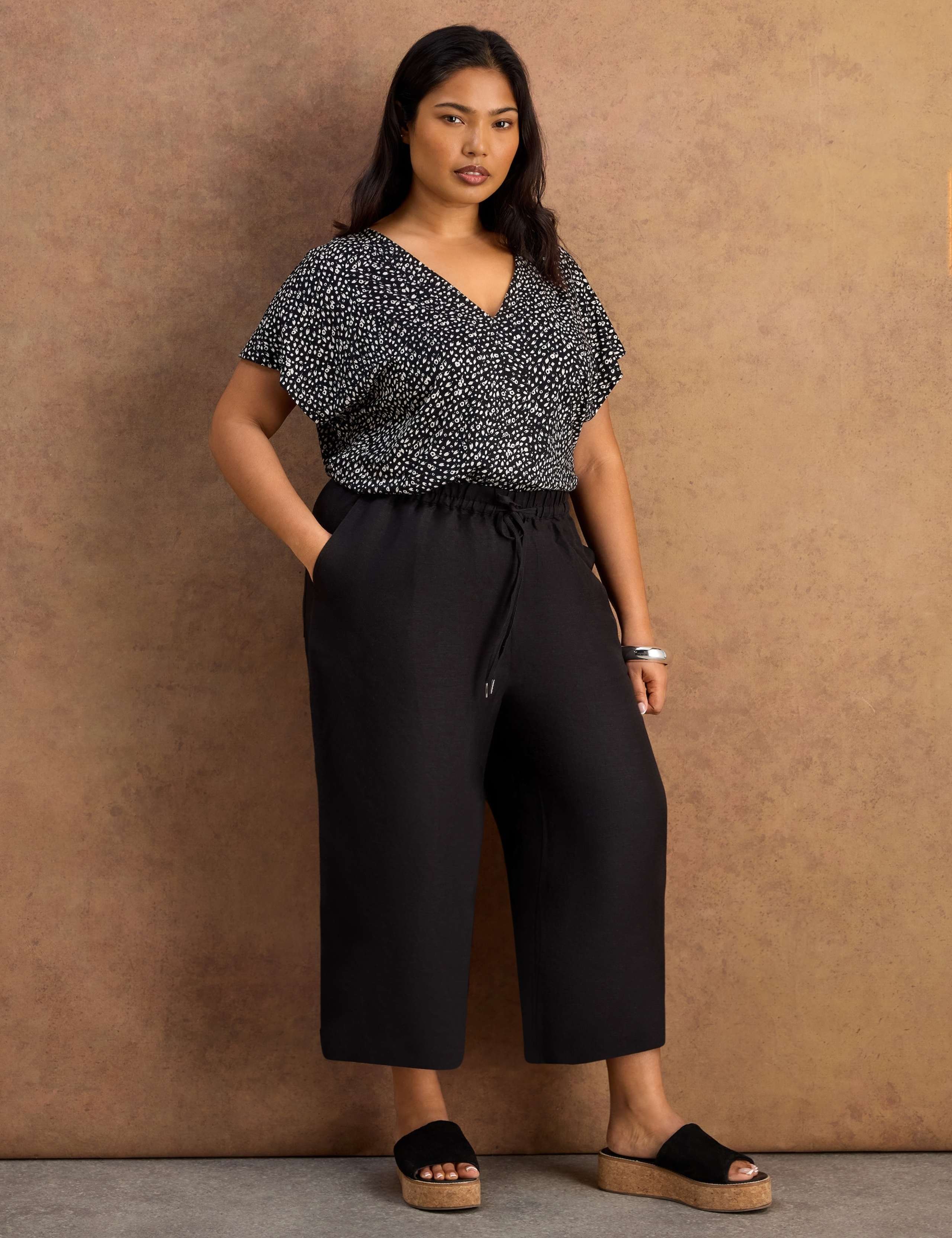 Linen Blend Wide Leg Cropped Trousers