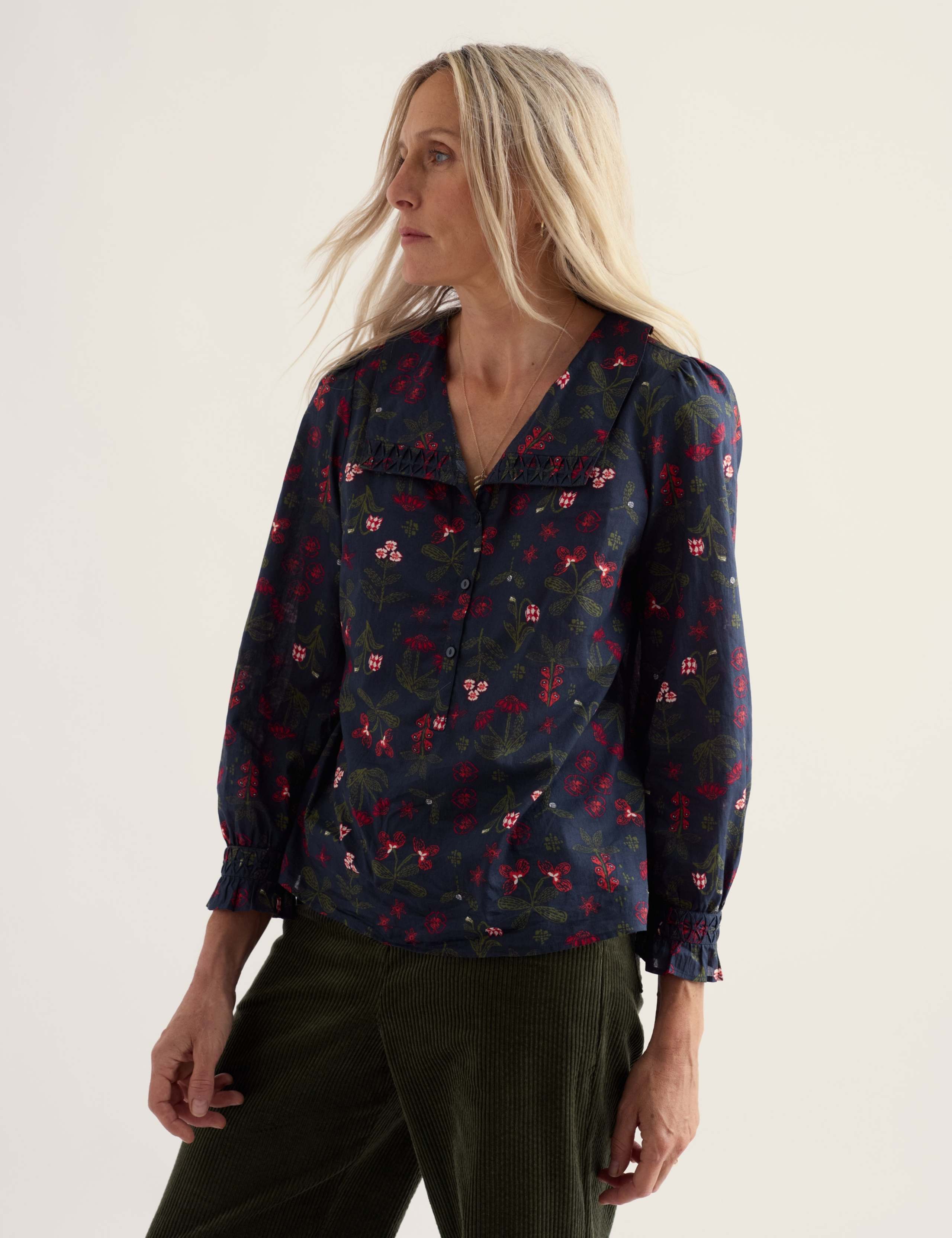Pure Cotton Printed Collared Gathered Blouse