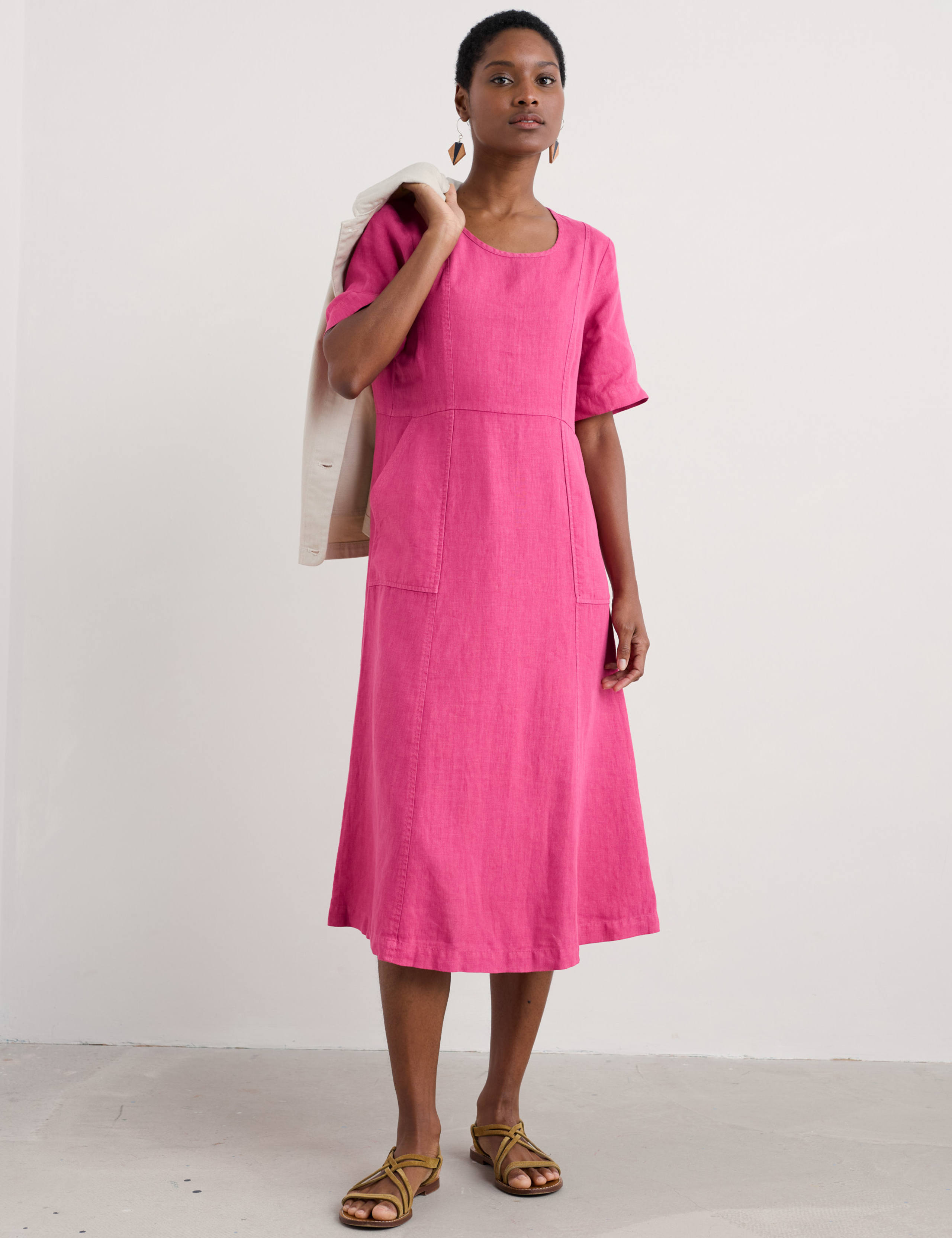 Pure Linen Scoop Neck Midi Waisted Dress